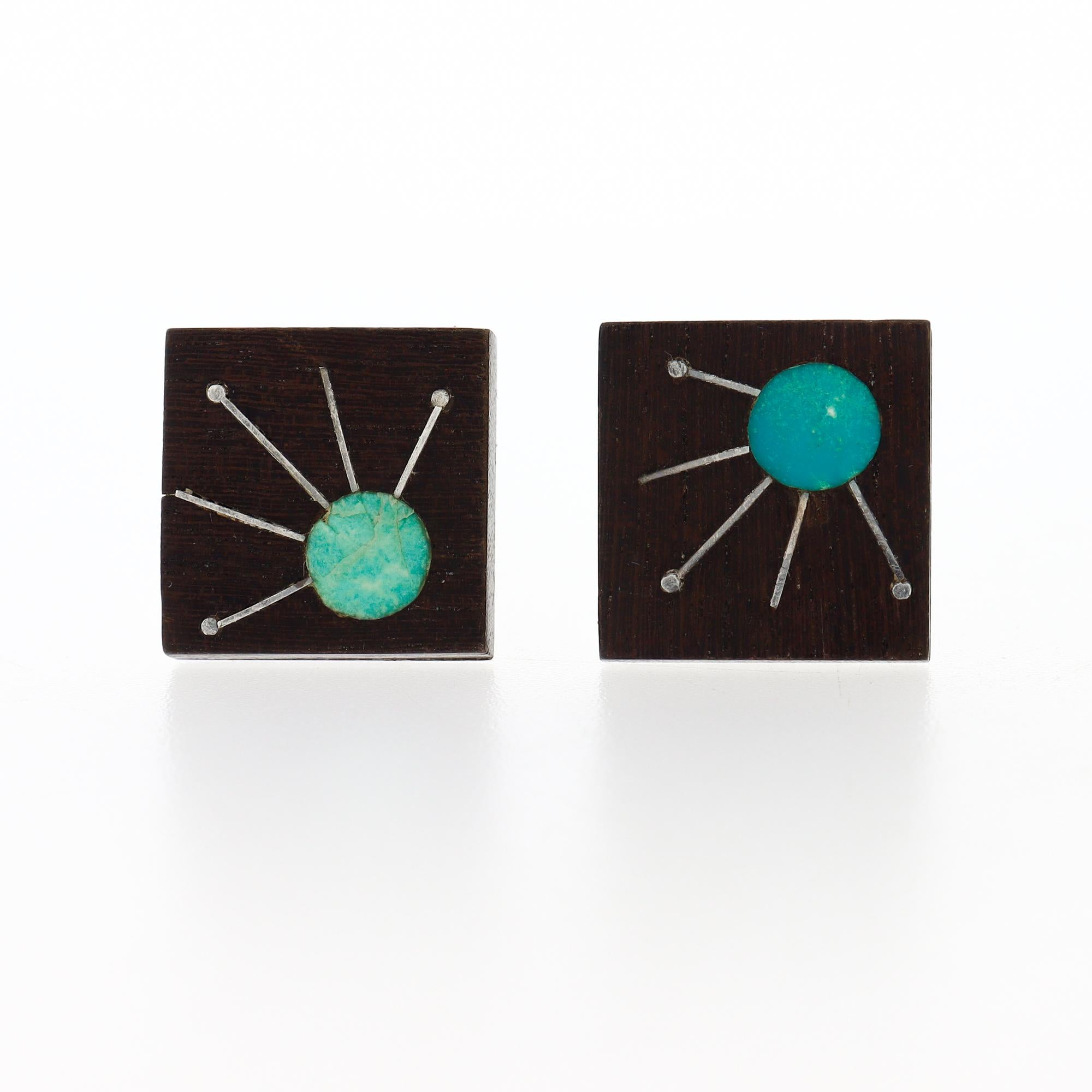 De los hombres Gemelos mexicanos modernos de mediados de siglo de plata de ley con incrustaciones de piedra dura y madera en venta