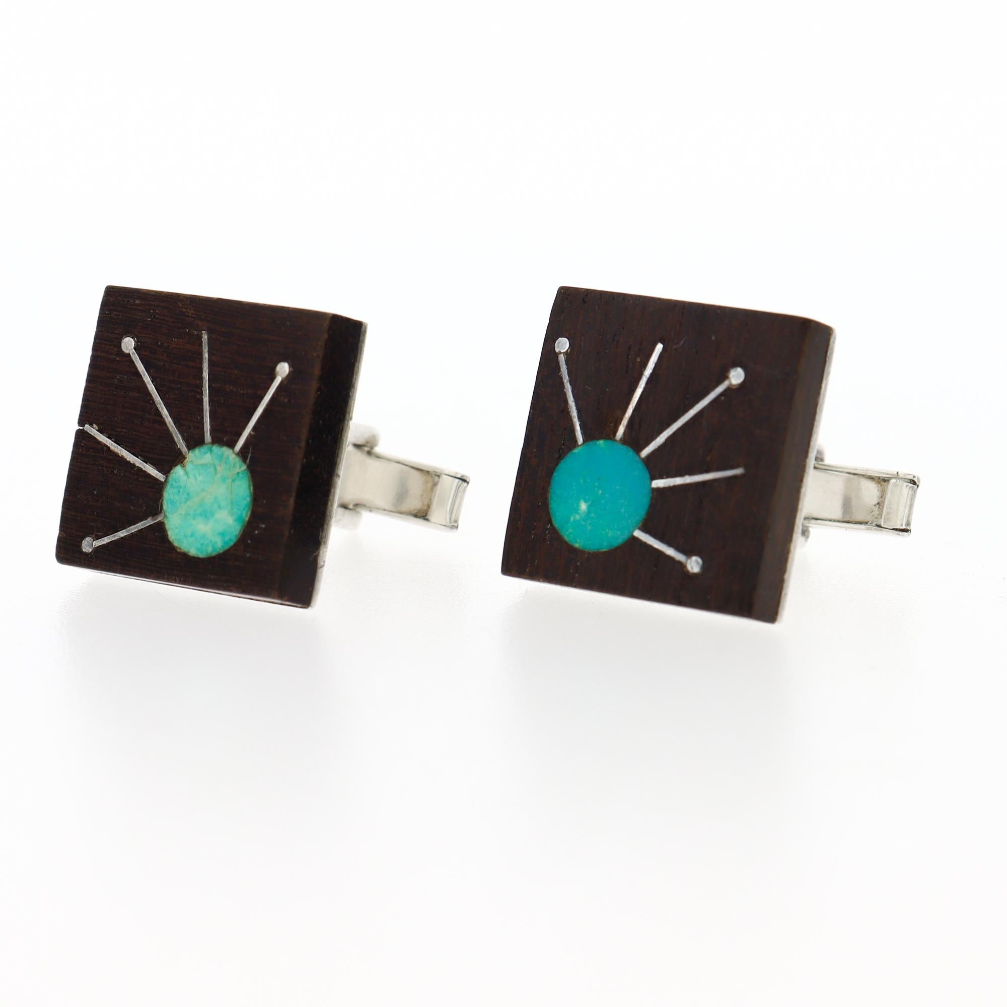 Gemelos mexicanos modernos de mediados de siglo de plata de ley con incrustaciones de piedra dura y madera en venta 1