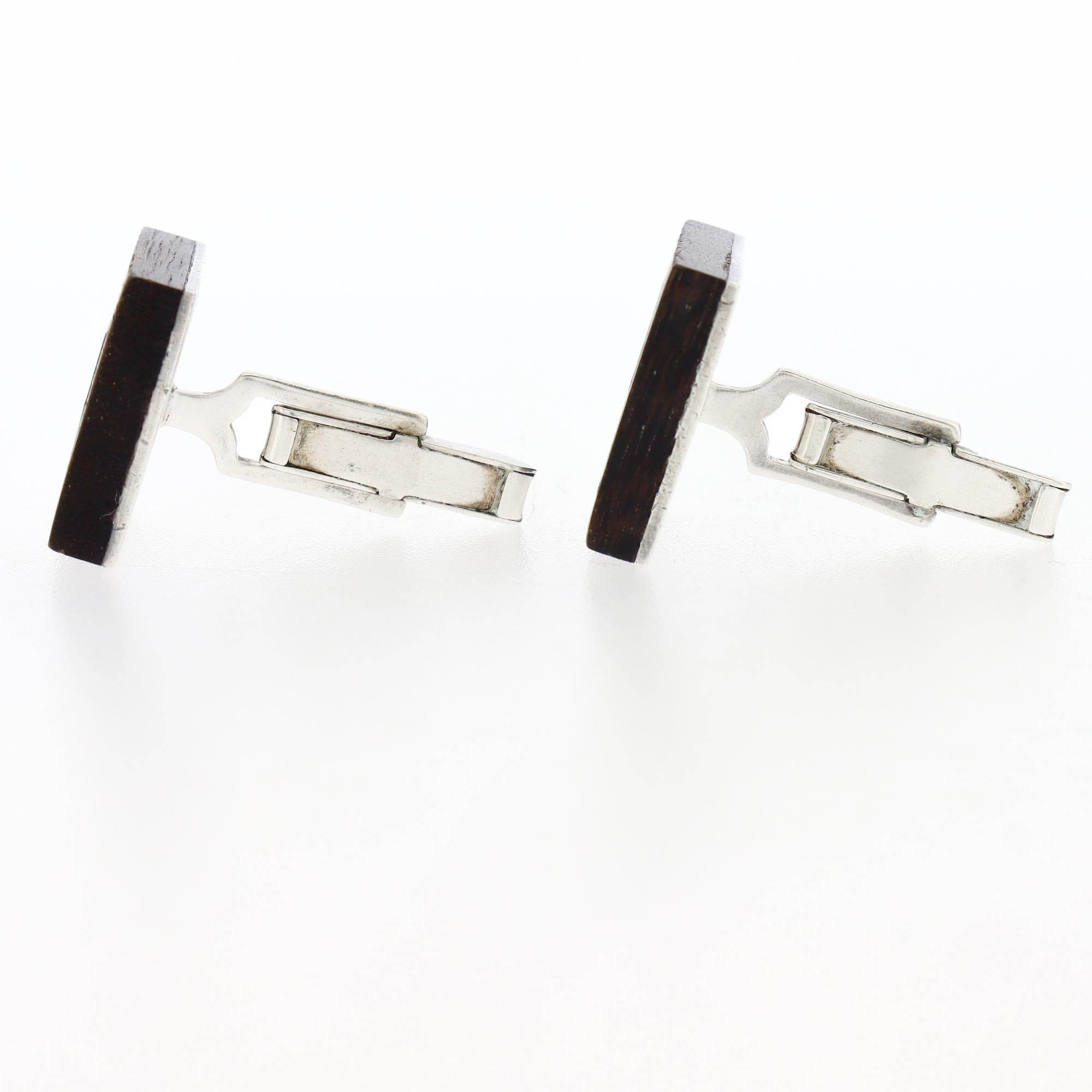 Gemelos mexicanos modernos de mediados de siglo de plata de ley con incrustaciones de piedra dura y madera en venta 2