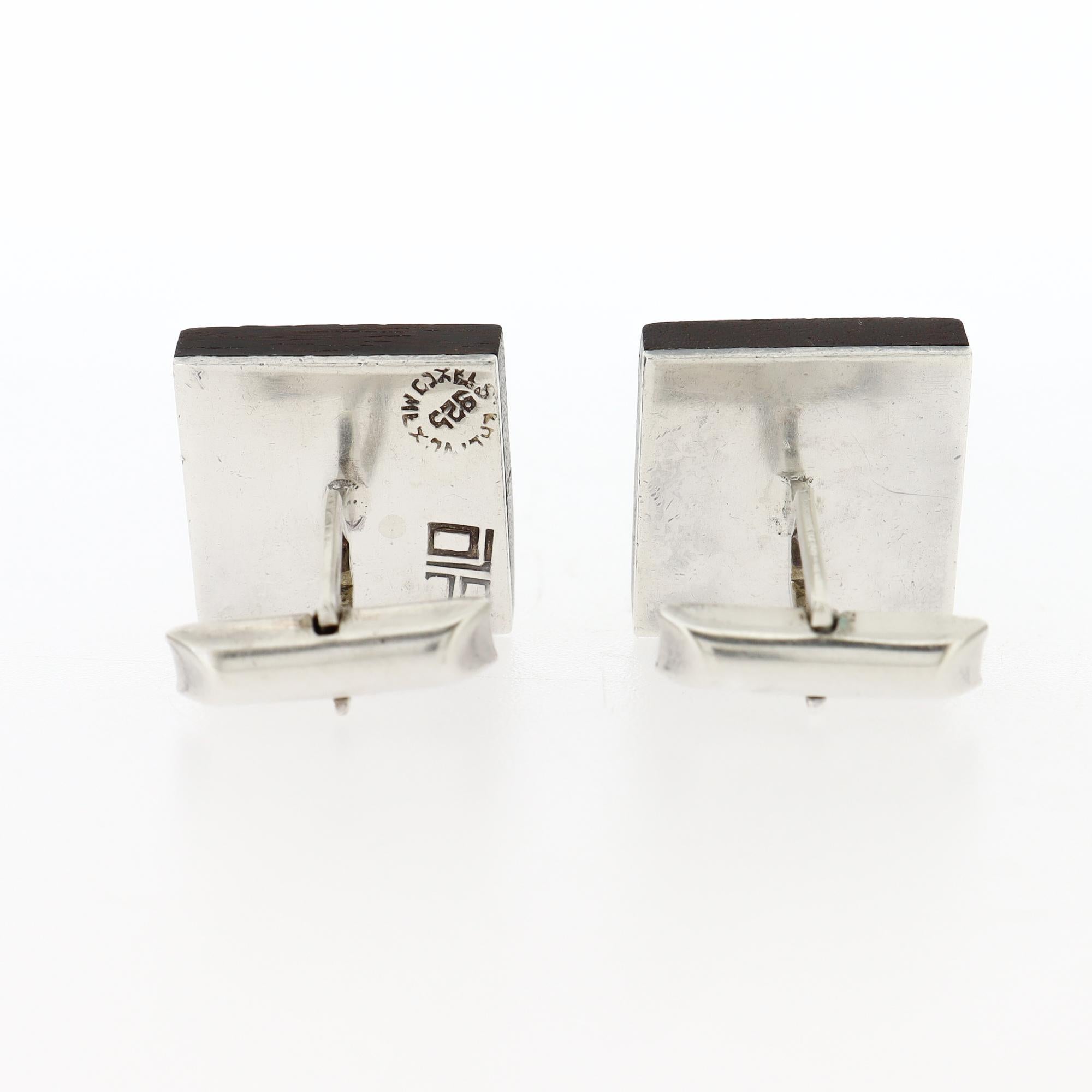 Gemelos mexicanos modernos de mediados de siglo de plata de ley con incrustaciones de piedra dura y madera en venta 3