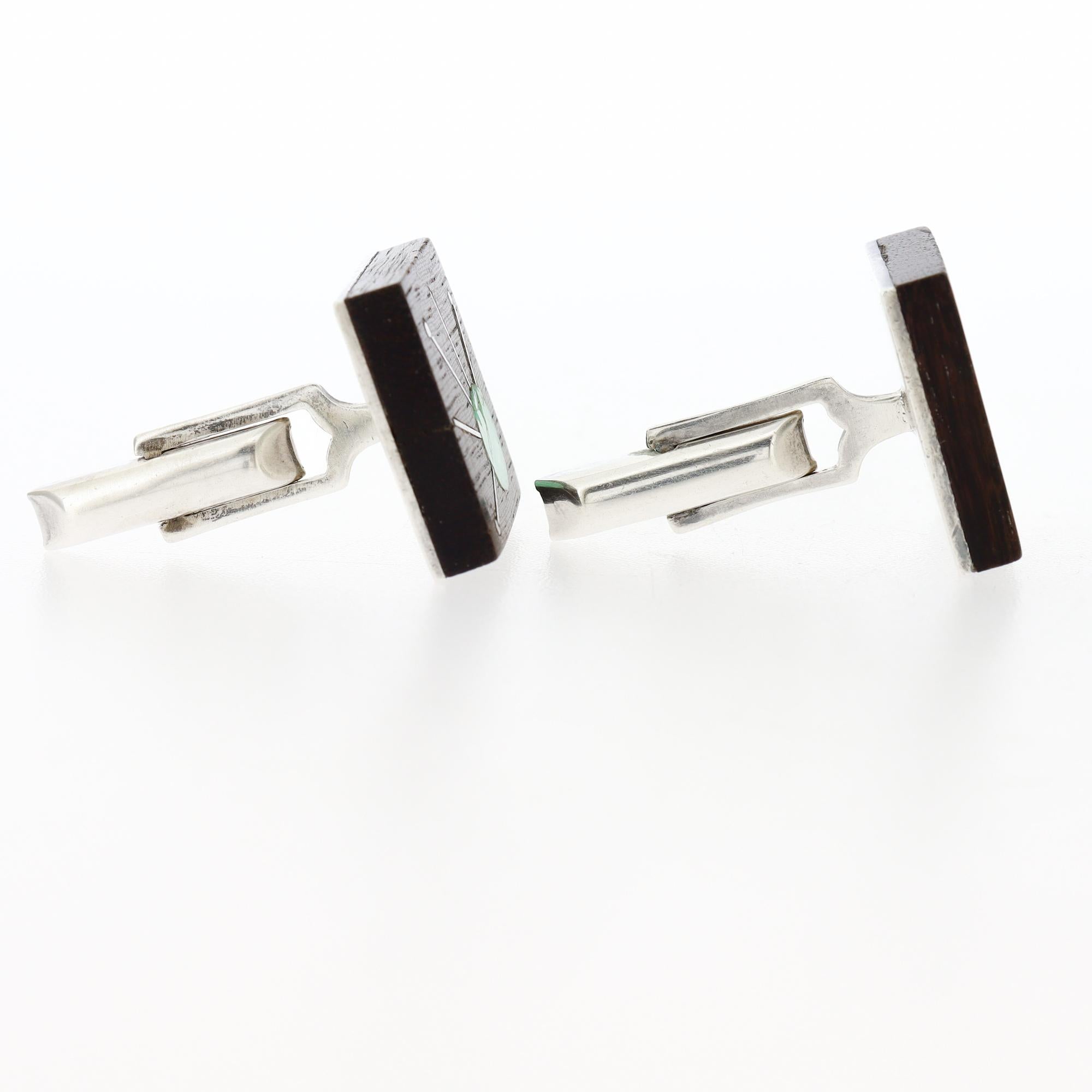 Gemelos mexicanos modernos de mediados de siglo de plata de ley con incrustaciones de piedra dura y madera en venta 4