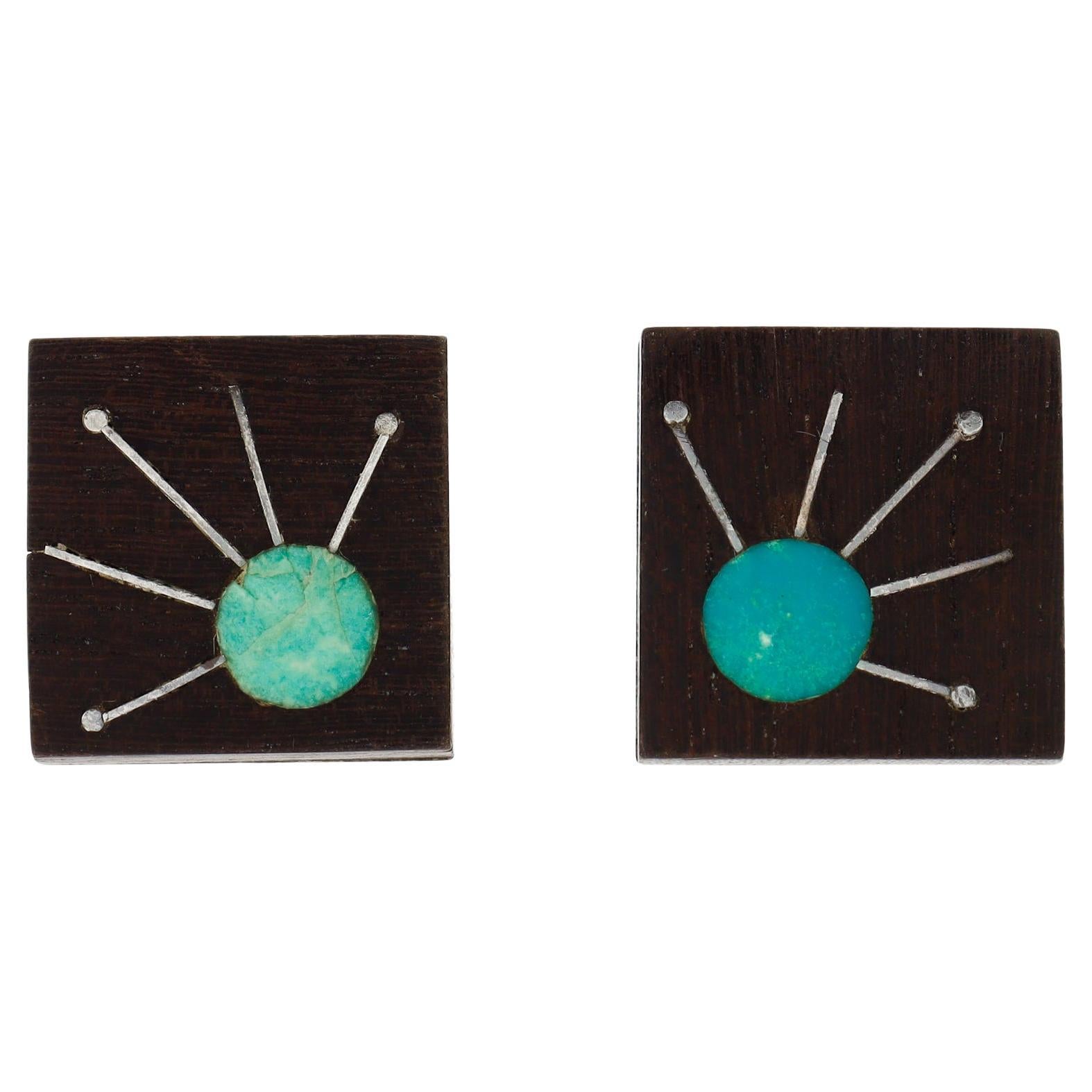 Gemelos mexicanos modernos de mediados de siglo de plata de ley con incrustaciones de piedra dura y madera en venta