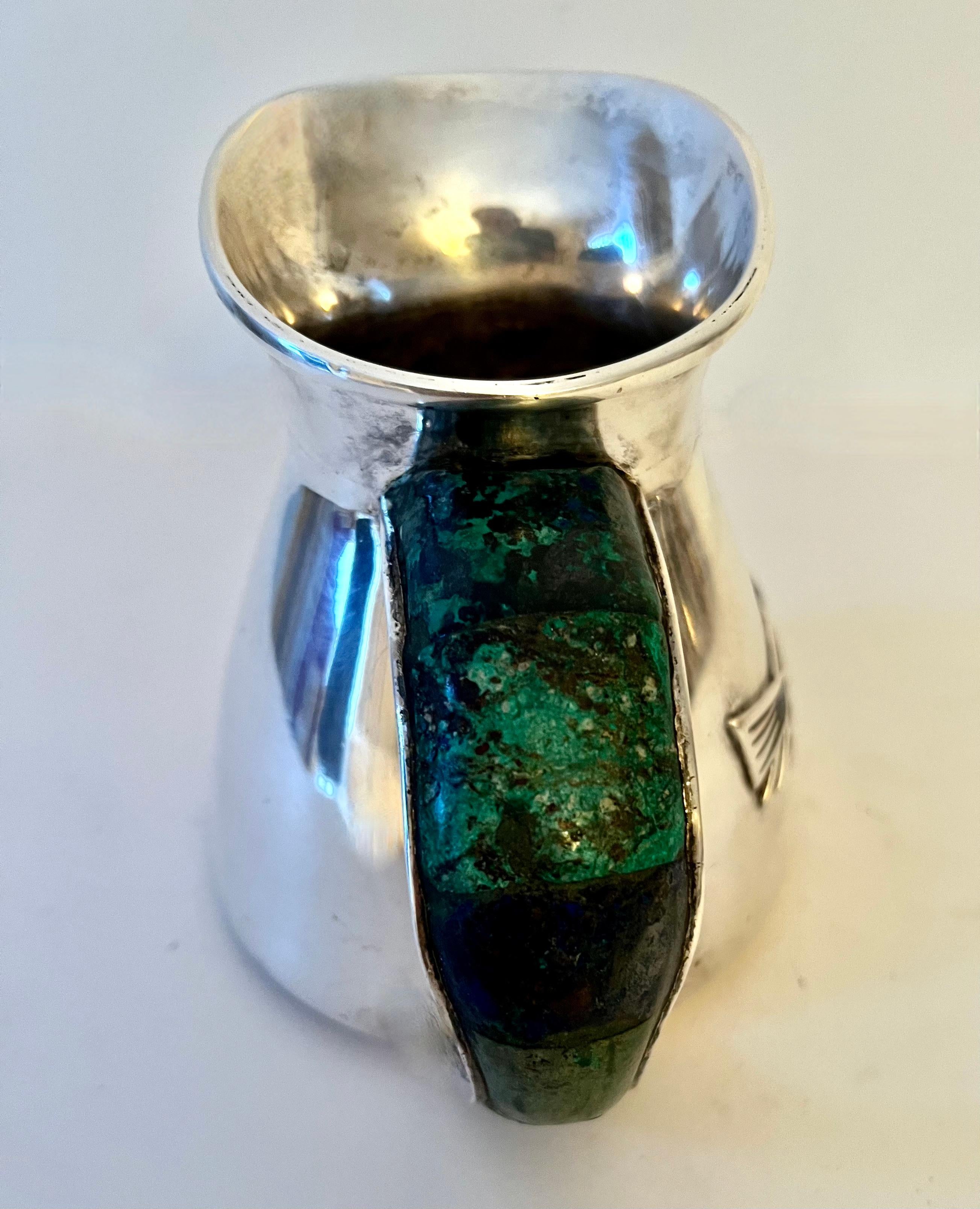 Hand-Crafted Mid-Century Modern Mexican Los Castillo Silver, Lapis, Malachite Pitcher For Sale
