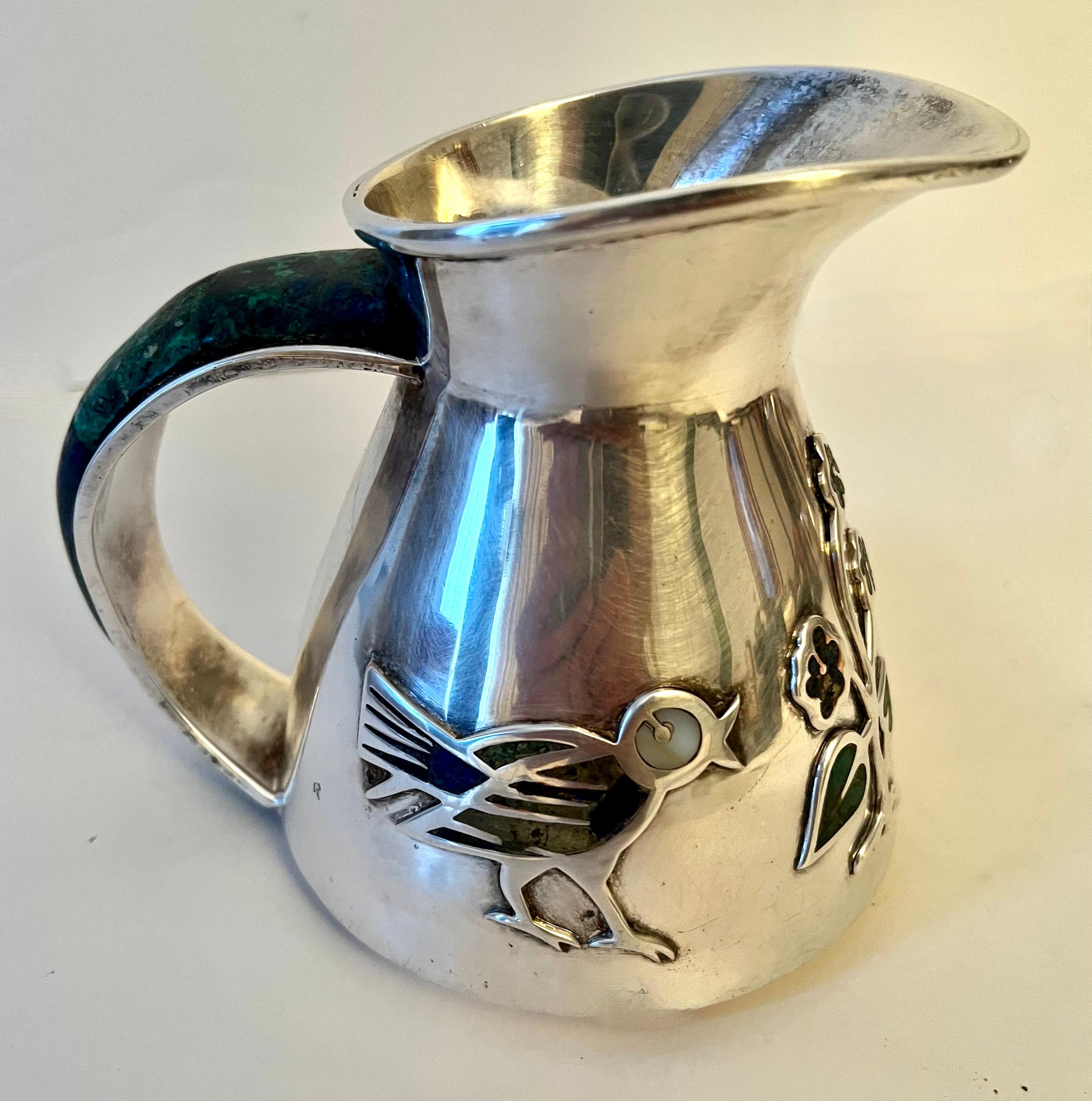 Metal Mid-Century Modern Mexican Los Castillo Silver, Lapis, Malachite Pitcher For Sale