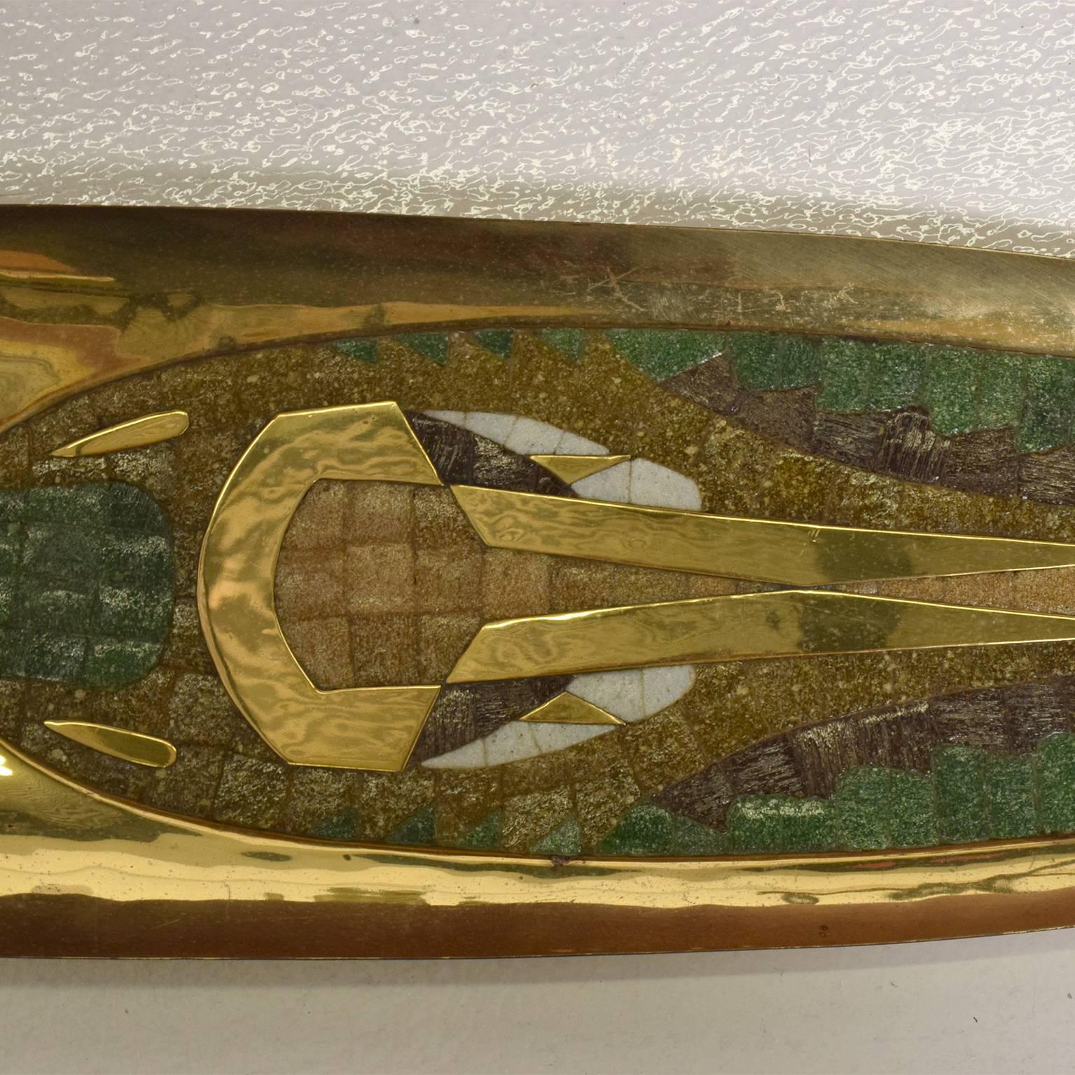 Mid-Century Modern Mexican Modernist Brass & Inlay Stones Dish by Salvador Teran In Good Condition In Chula Vista, CA