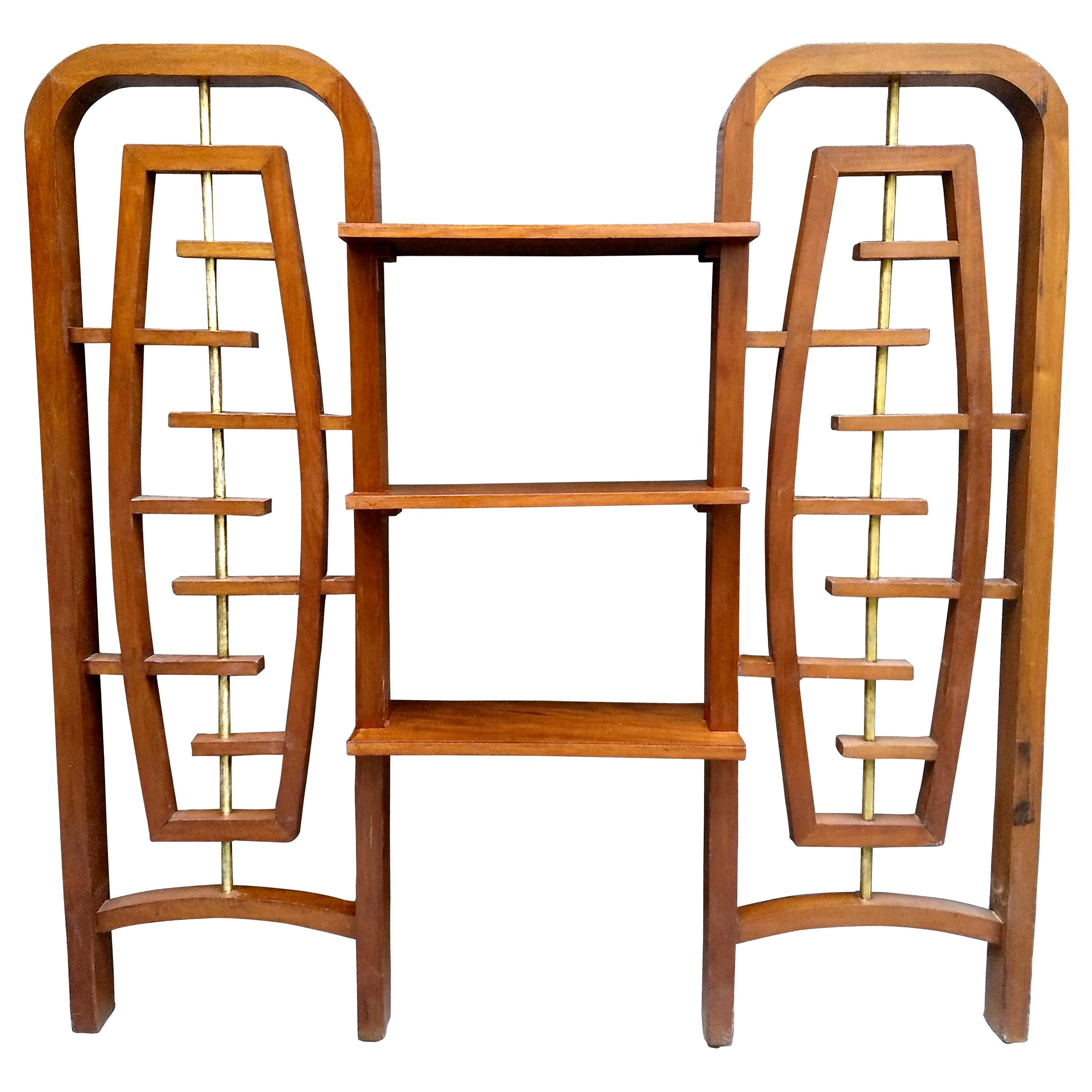 Mid-Century Modern Mexican Room Divider with Shelves in Mahogany and Brass For Sale