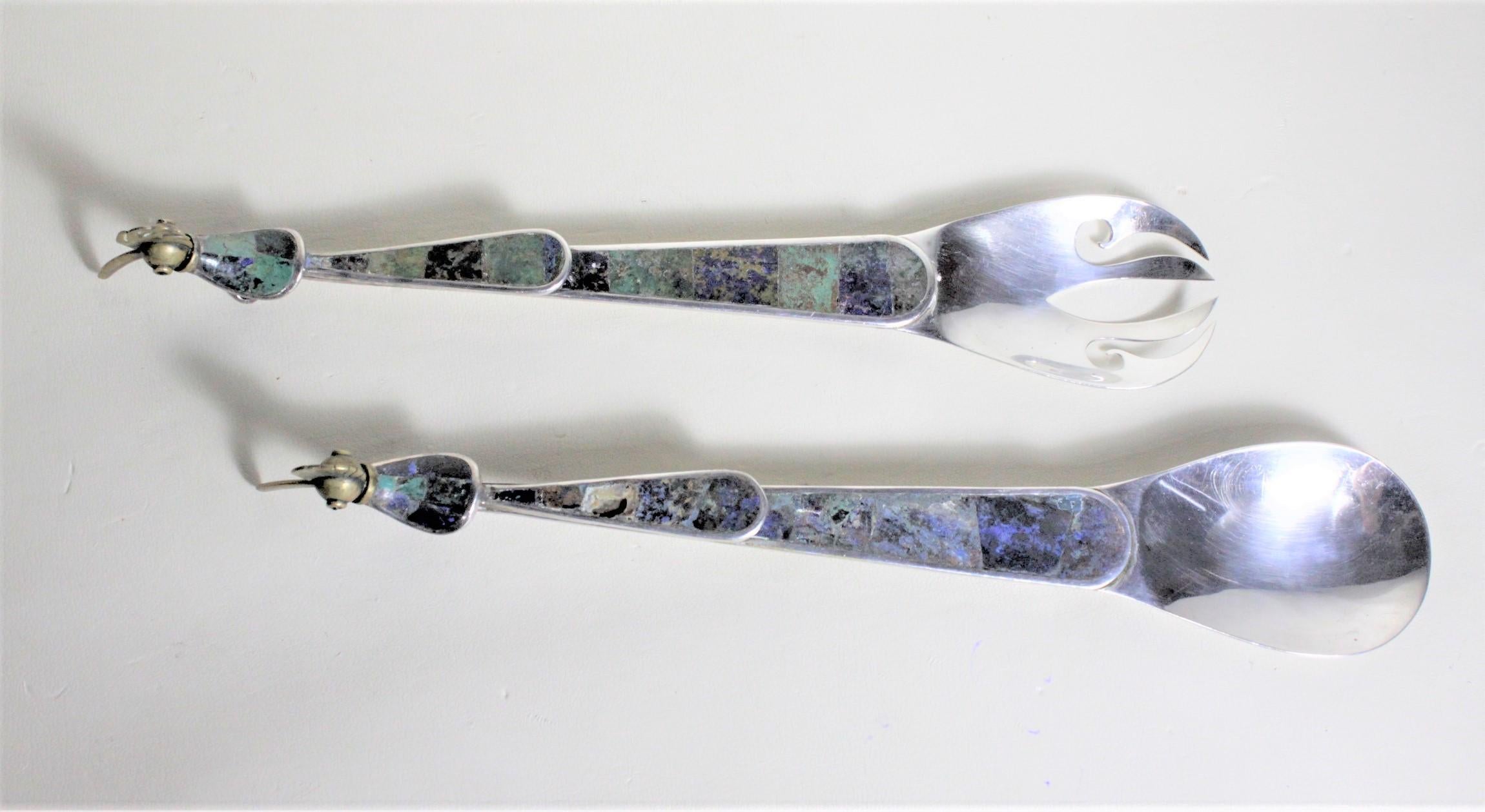 20th Century Los Castillo Styled Mexican Salad Serving Set with Figural Birds and Lapis Inlay