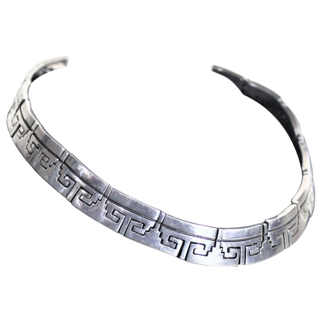 Mid-Century Modern Mexican Sterling Silver Geometric Linked Choker Necklace