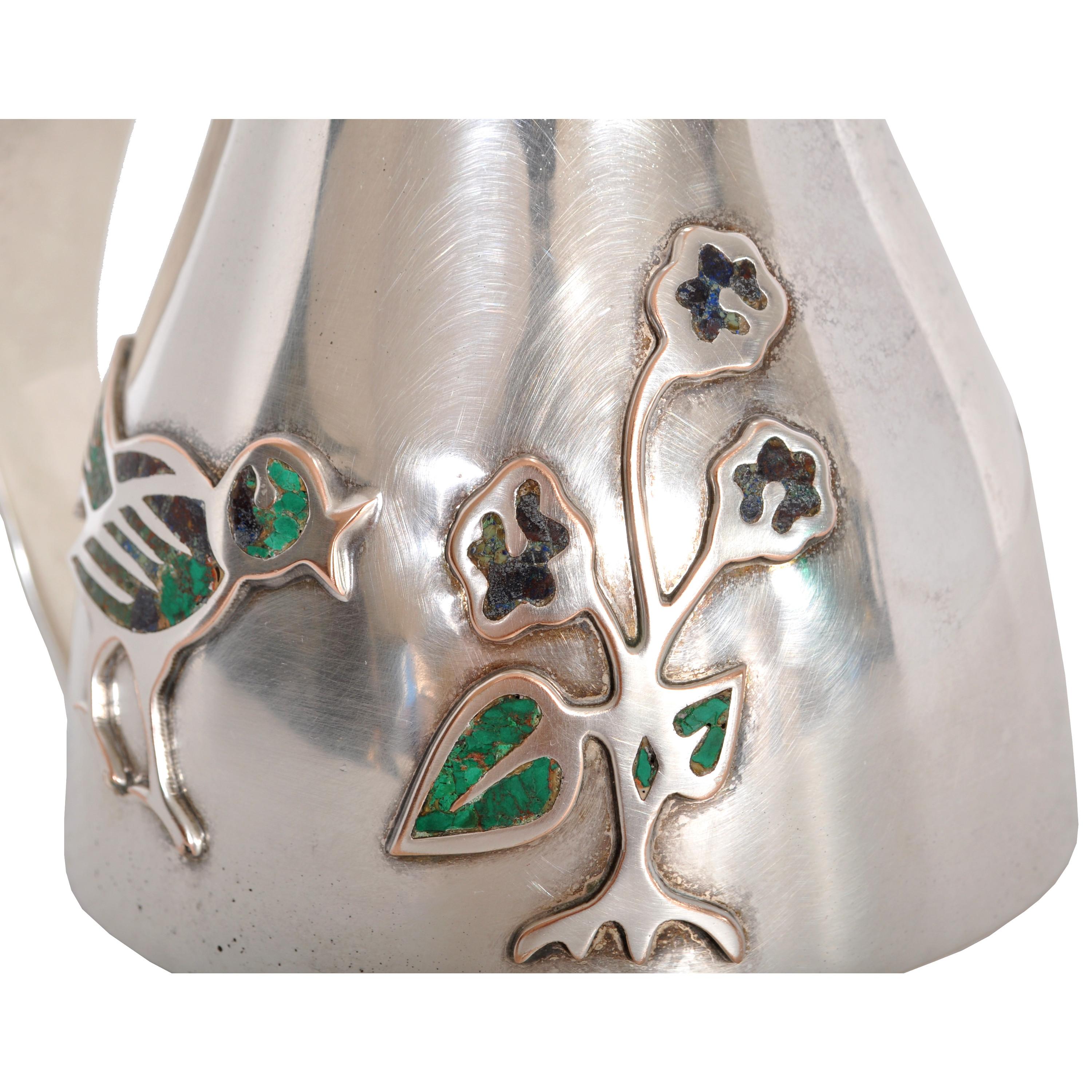 Mid-Century Modern Mexican Taxco Los Castillo Silver Malachite Pitcher Jug, 1960 3