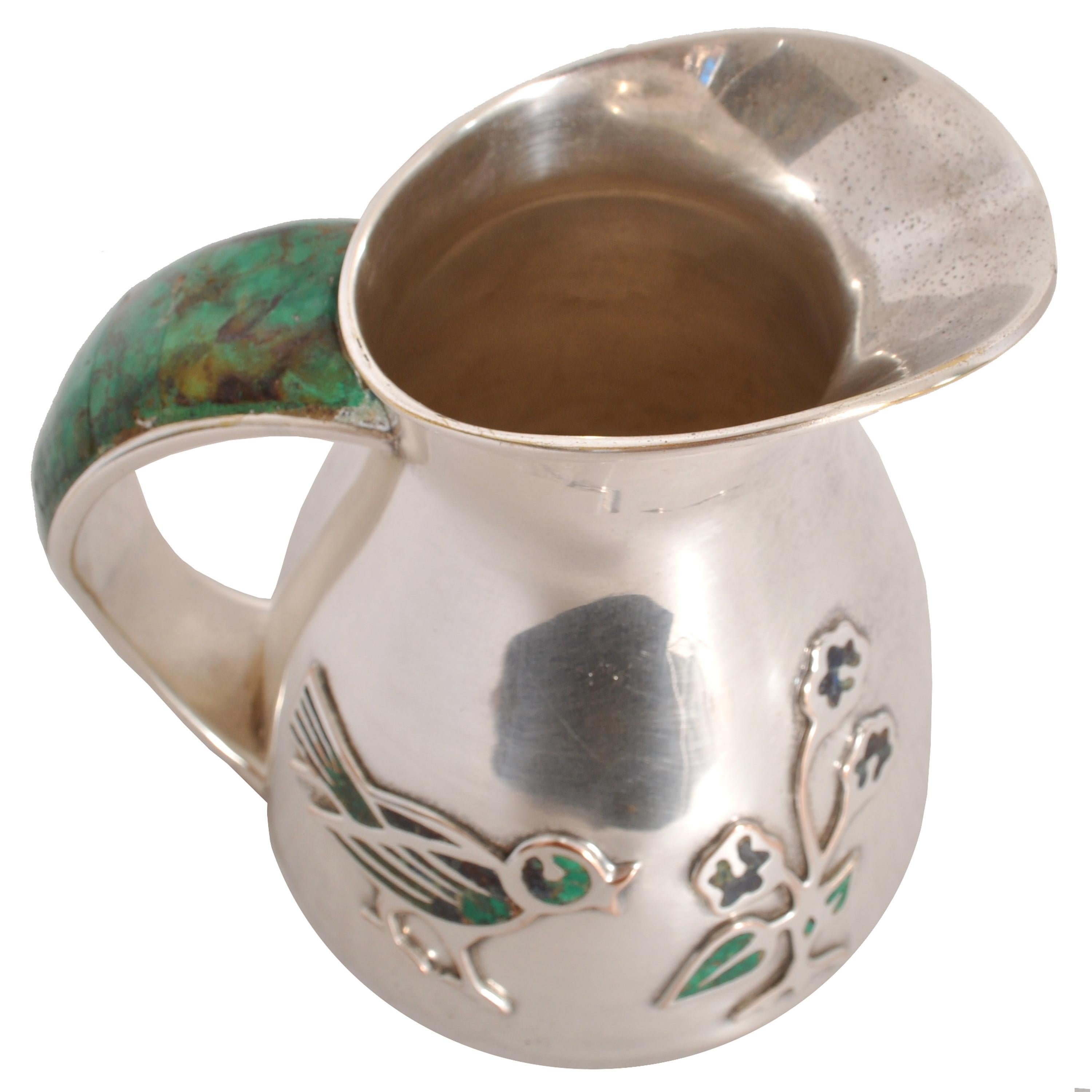 Mid-Century Modern Mexican Taxco Los Castillo Silver Malachite Pitcher Jug, 1960 4
