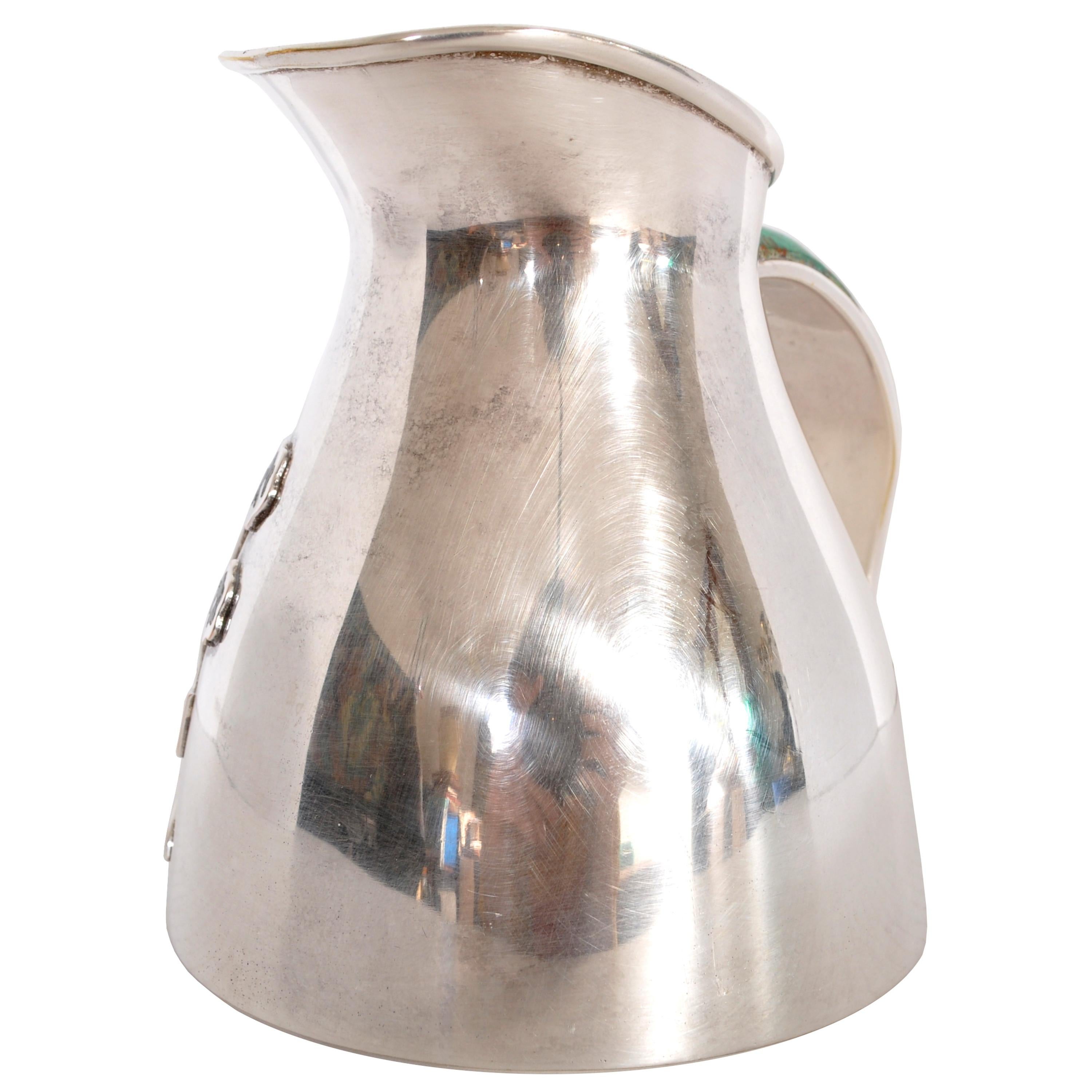 Inlay Mid-Century Modern Mexican Taxco Los Castillo Silver Malachite Pitcher Jug, 1960