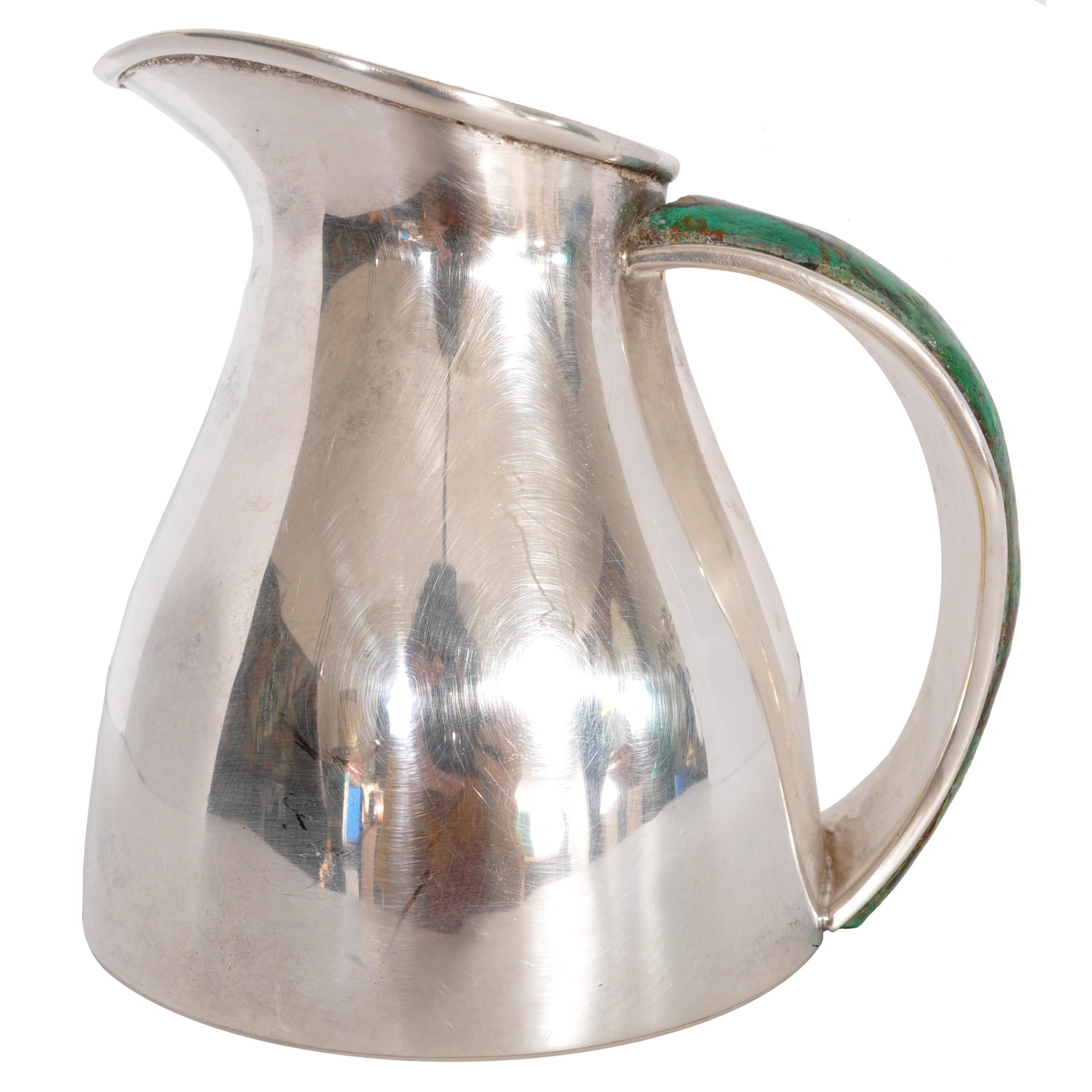 Mid-Century Modern Mexican Taxco Los Castillo Silver Malachite Pitcher Jug, 1960 In Good Condition In Portland, OR