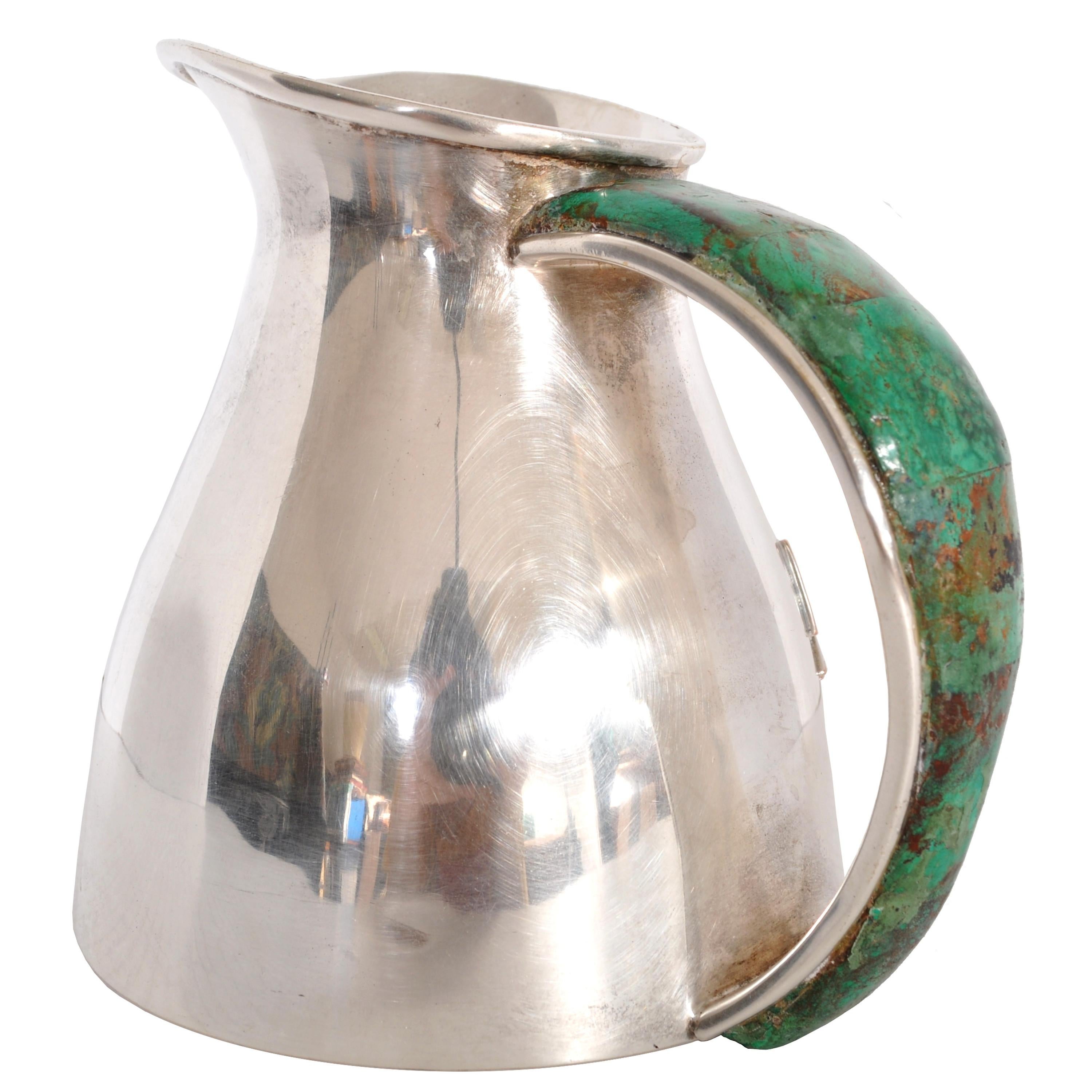 20th Century Mid-Century Modern Mexican Taxco Los Castillo Silver Malachite Pitcher Jug, 1960