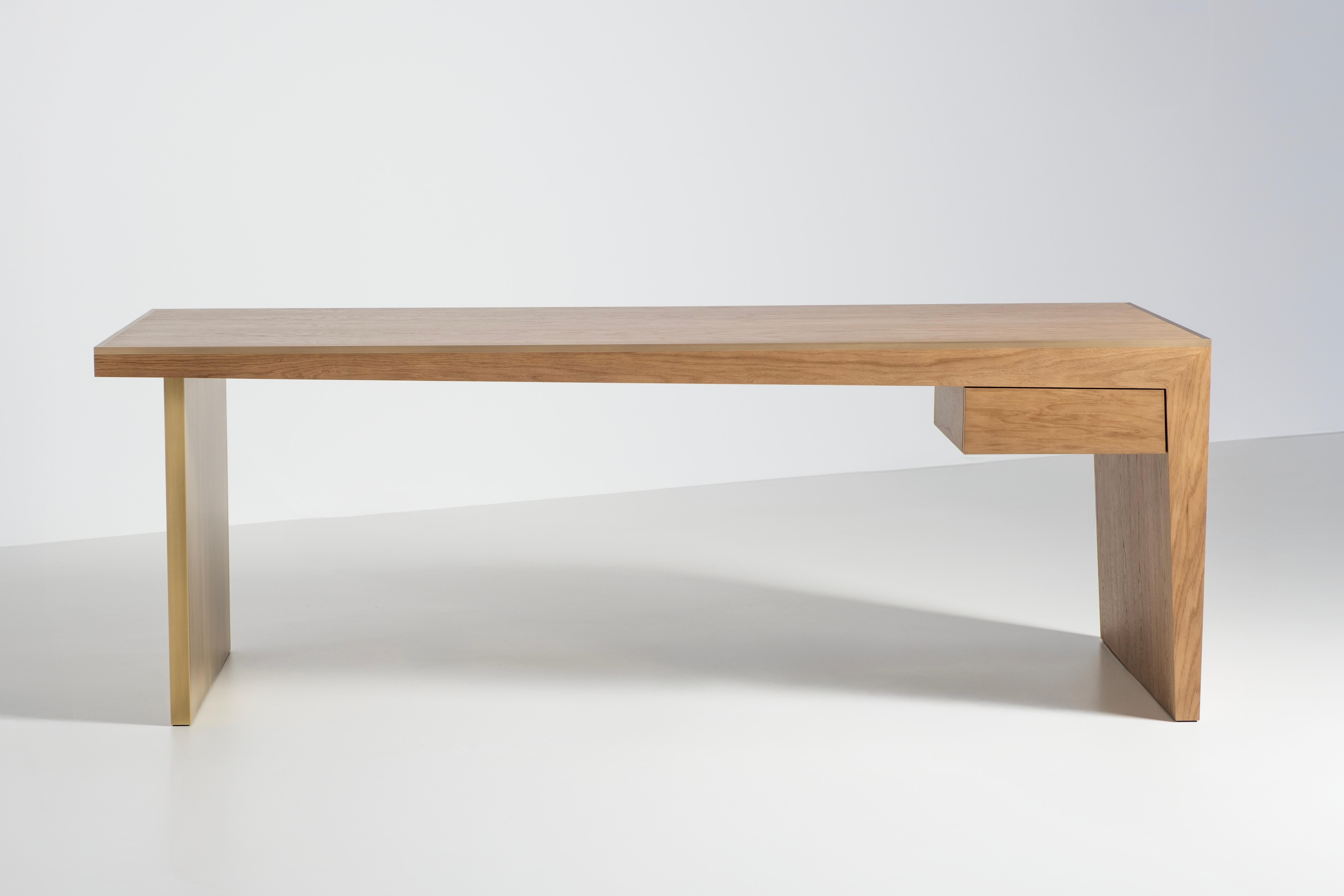 Portuguese Mid-Century Modern Michigan Desk, Oak, Brass, Handmade in Portugal by Greenapple For Sale