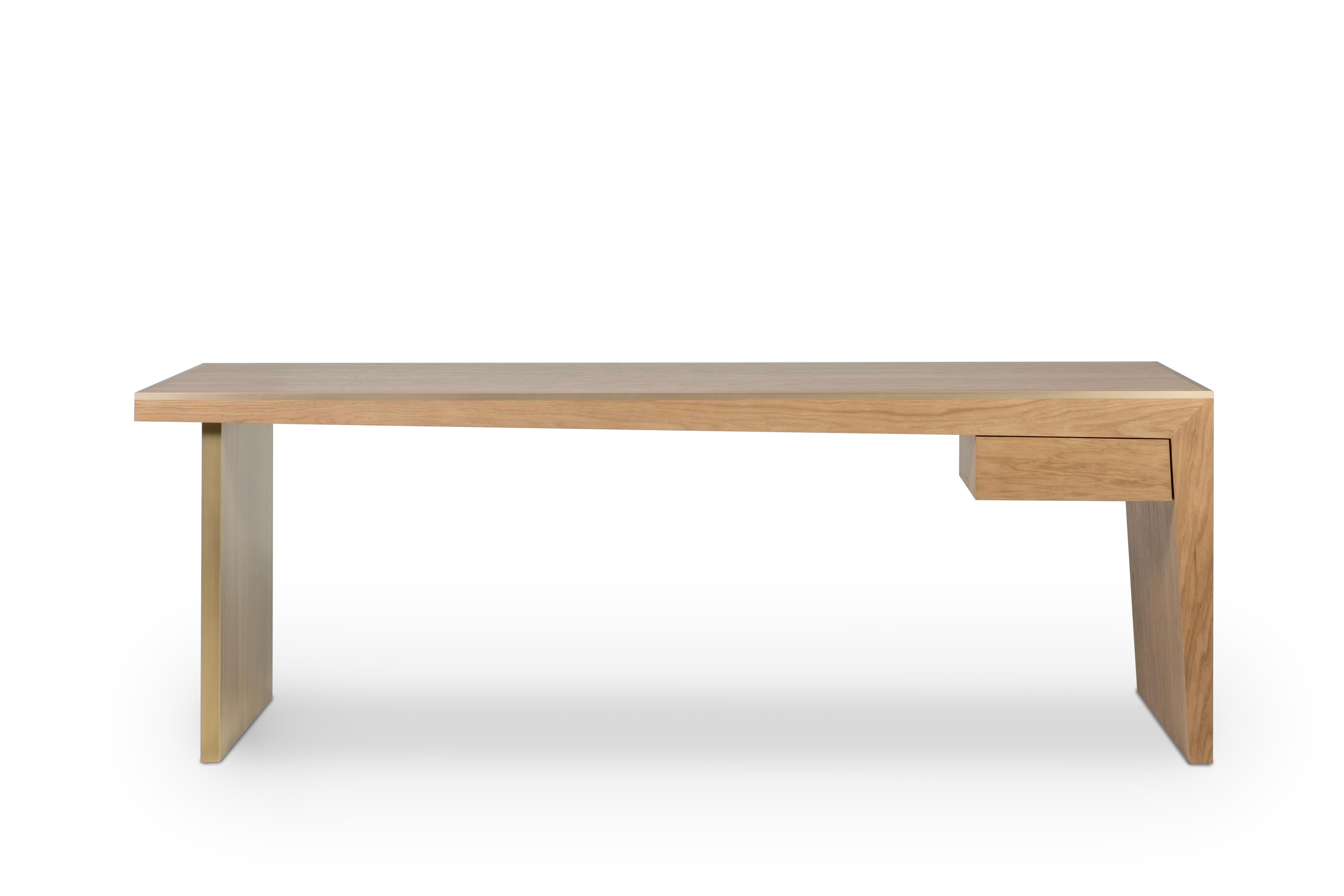 Brushed Mid-Century Modern Michigan Desk, Oak, Brass, Handmade in Portugal by Greenapple For Sale