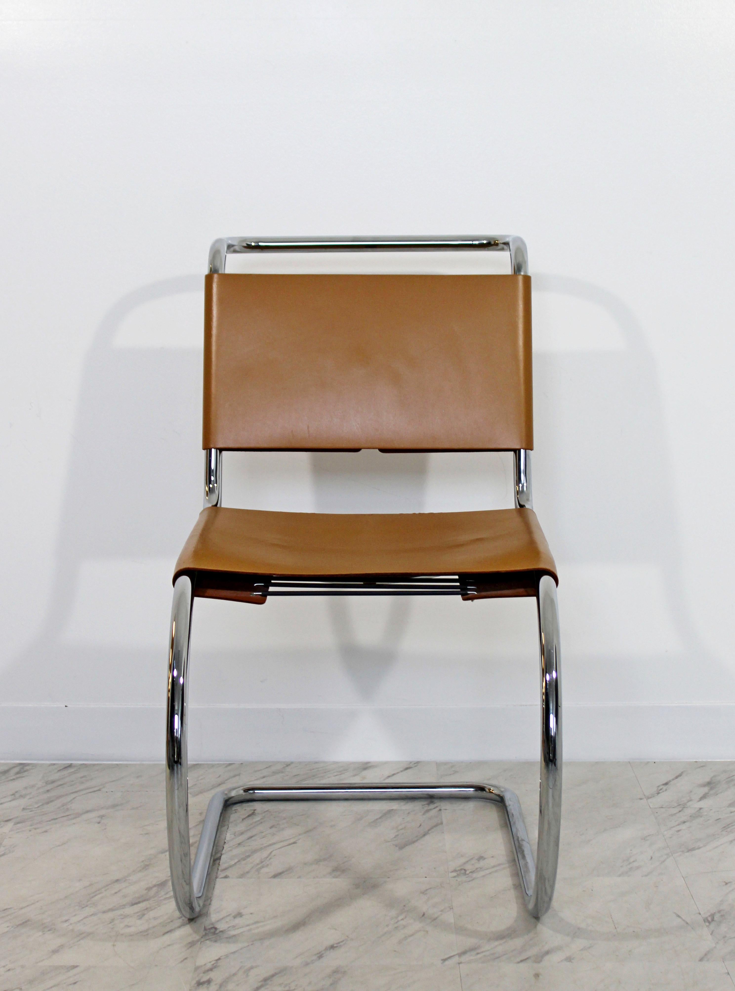 For your consideration is a marvelous, original MR side chair, made of chrome and cognac leather, by Mies Van der Rohe for Knoll, made in Italy, circa 1970. In excellent condition. The dimensions are 18