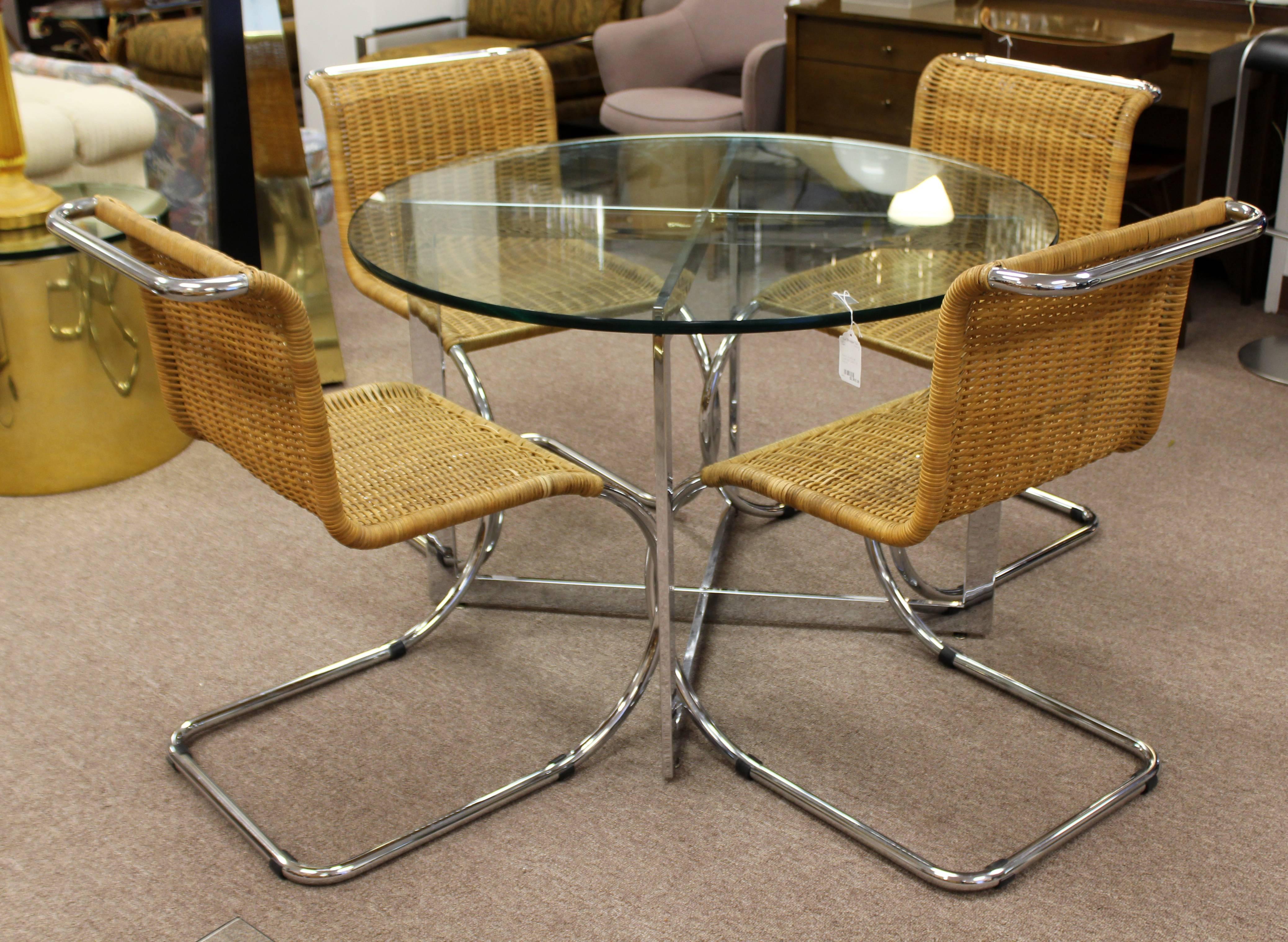 Mid-Century Modern Mies van der Rohe Set of Four Cantilever Wicker Chrome Chairs 5
