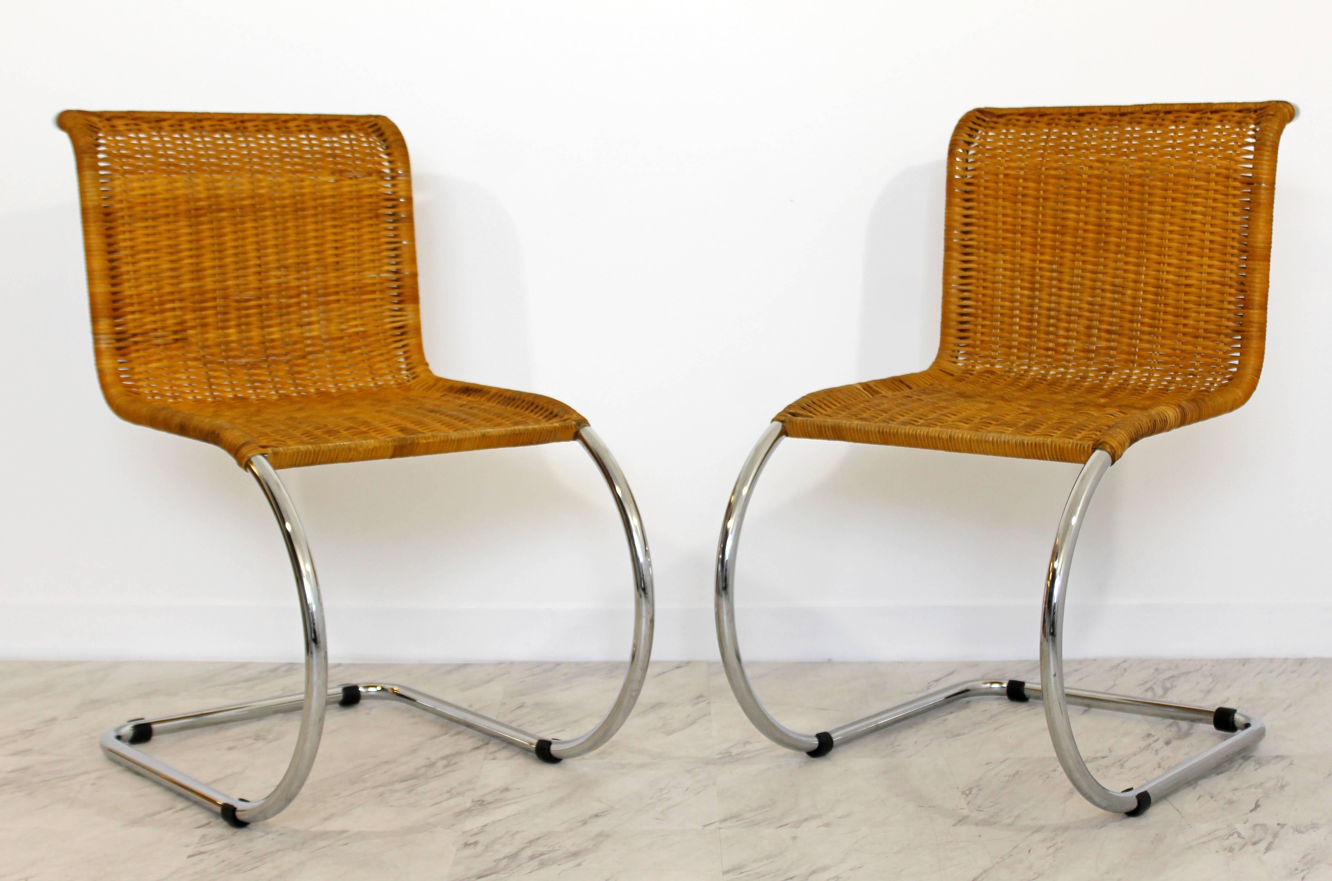 Italian Mid-Century Modern Mies van der Rohe Set of Four Cantilever Wicker Chrome Chairs
