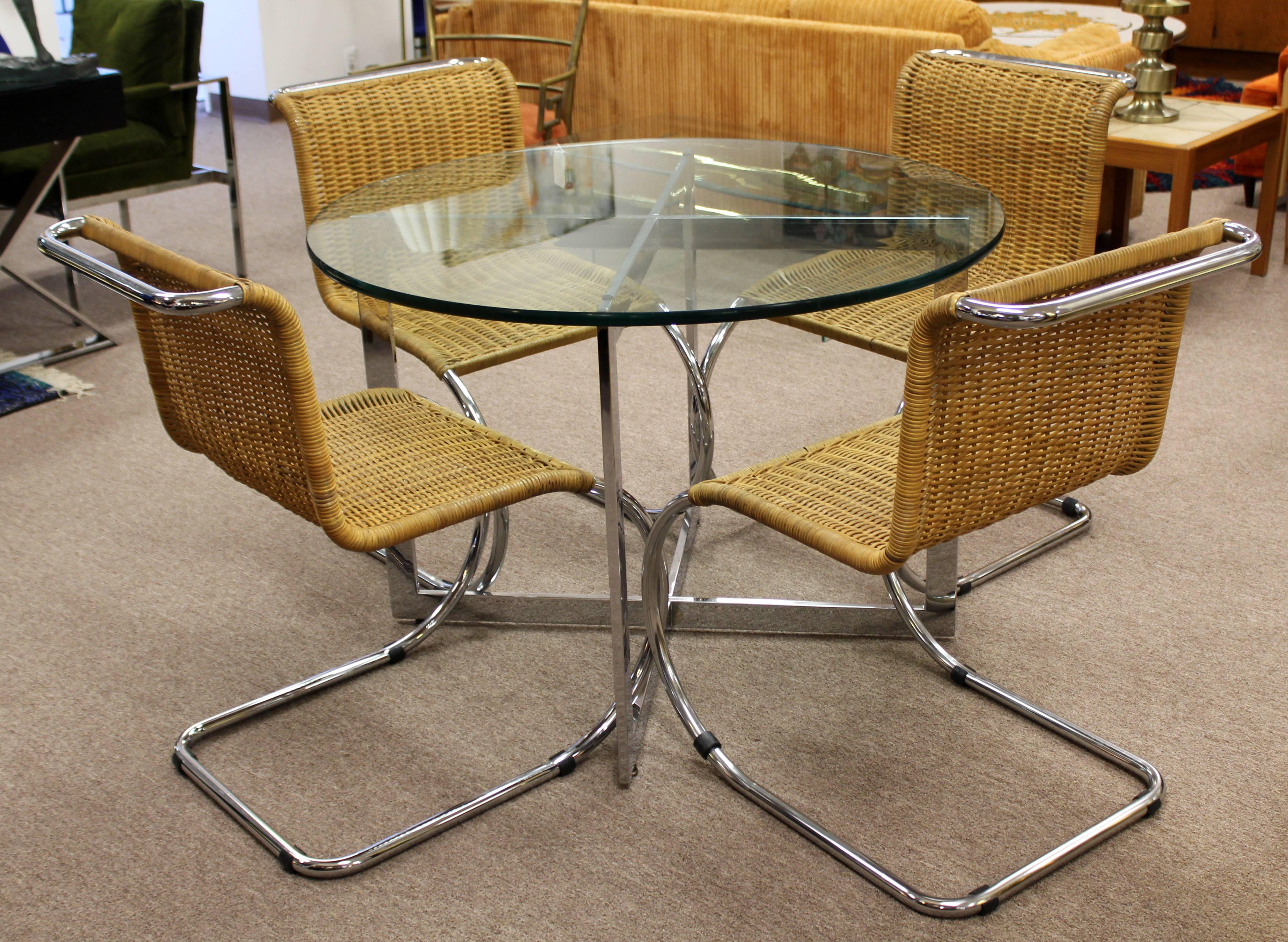 Mid-Century Modern Mies van der Rohe Set of Four Cantilever Wicker Chrome Chairs 4