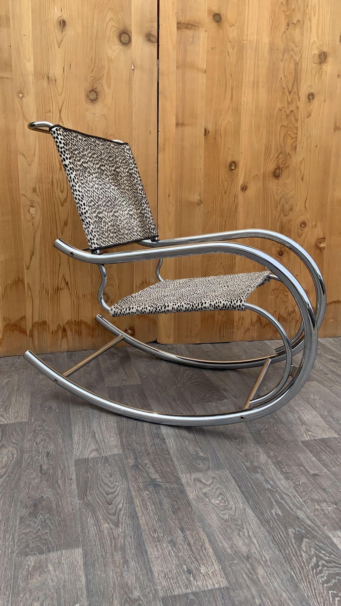 Cowhide Mid Century Modern Mies Van Der Rohe Style Fasem Bauhaus Chrome Sling Rocker For Sale