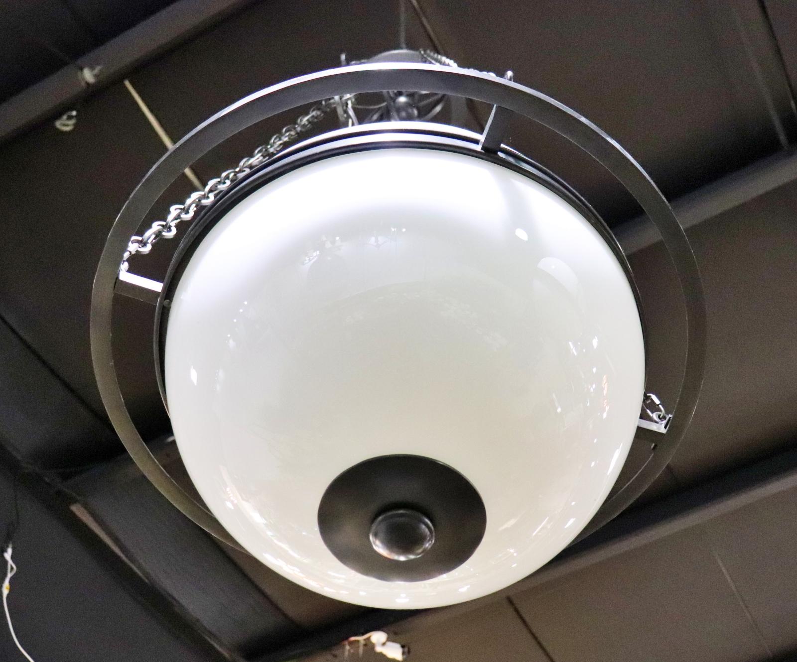 Mid-Century Modern Mid Century Modern Milk Glass and Metal Spherical Pendant Chandelier For Sale