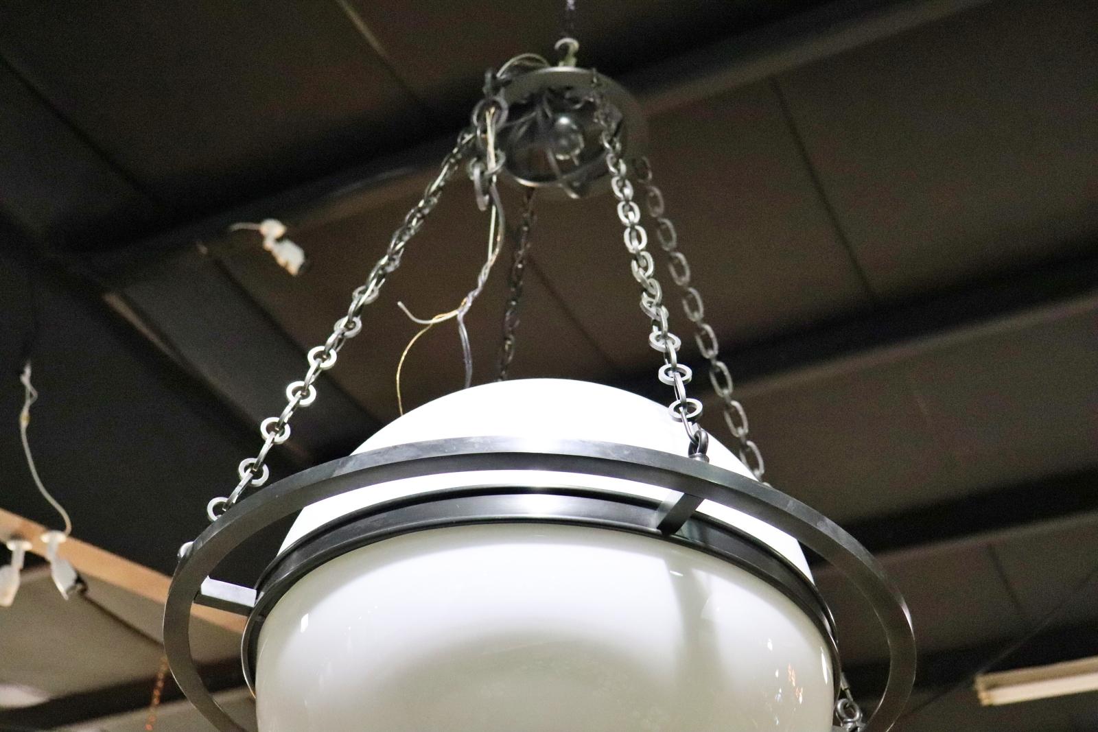 French Mid Century Modern Milk Glass and Metal Spherical Pendant Chandelier For Sale