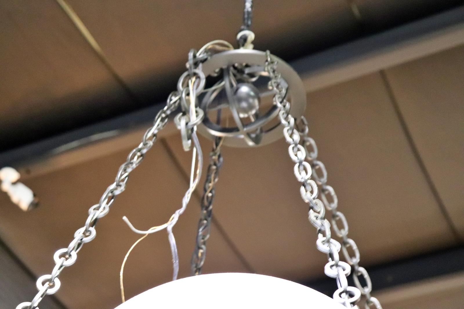 Mid Century Modern Milk Glass and Metal Spherical Pendant Chandelier In Good Condition For Sale In Swedesboro, NJ