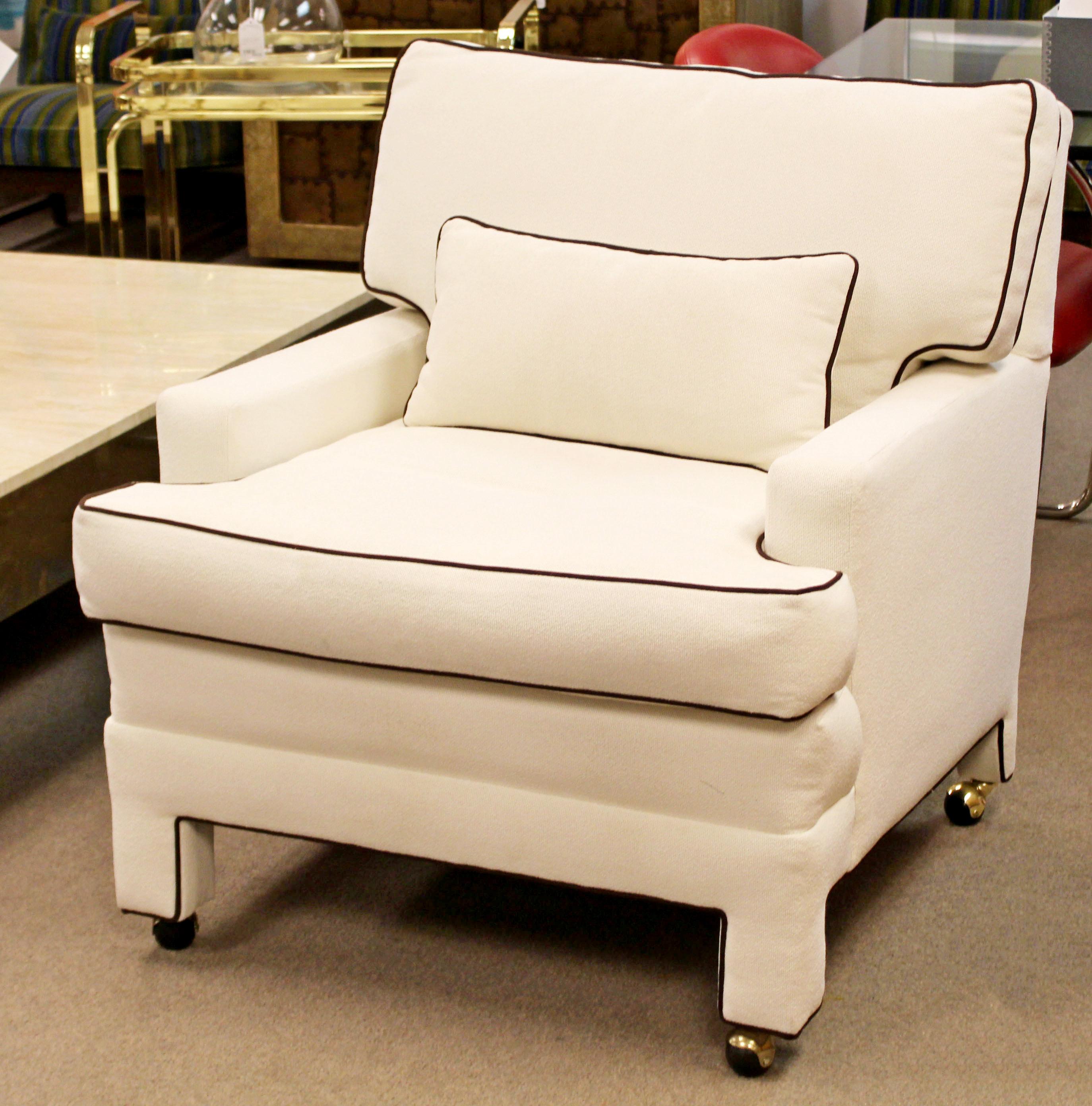 American Mid-Century Modern Milo Baughman Attr. Large White Lounge Armchair Brown Trim