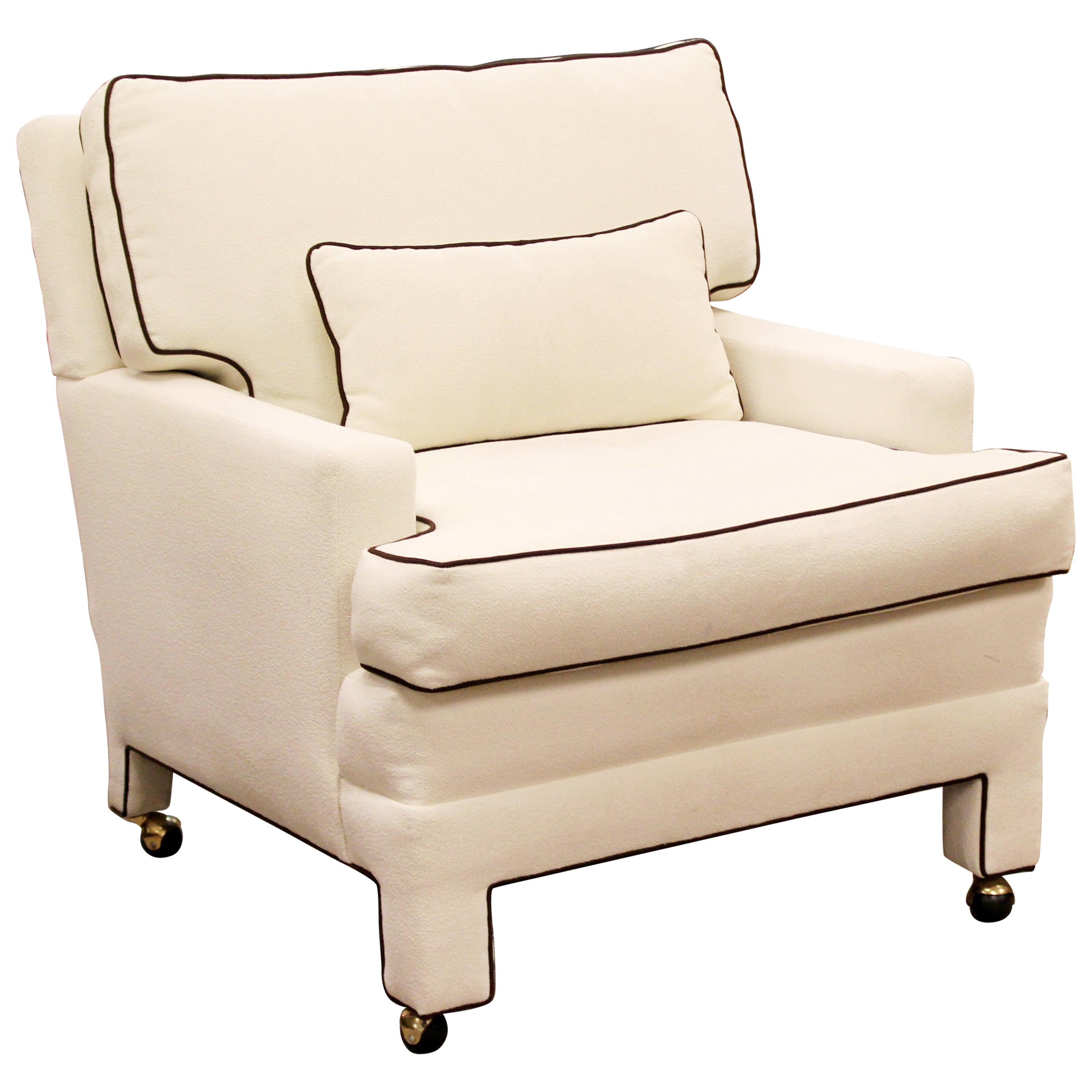 Mid-Century Modern Milo Baughman Attr. Large White Lounge Armchair Brown Trim