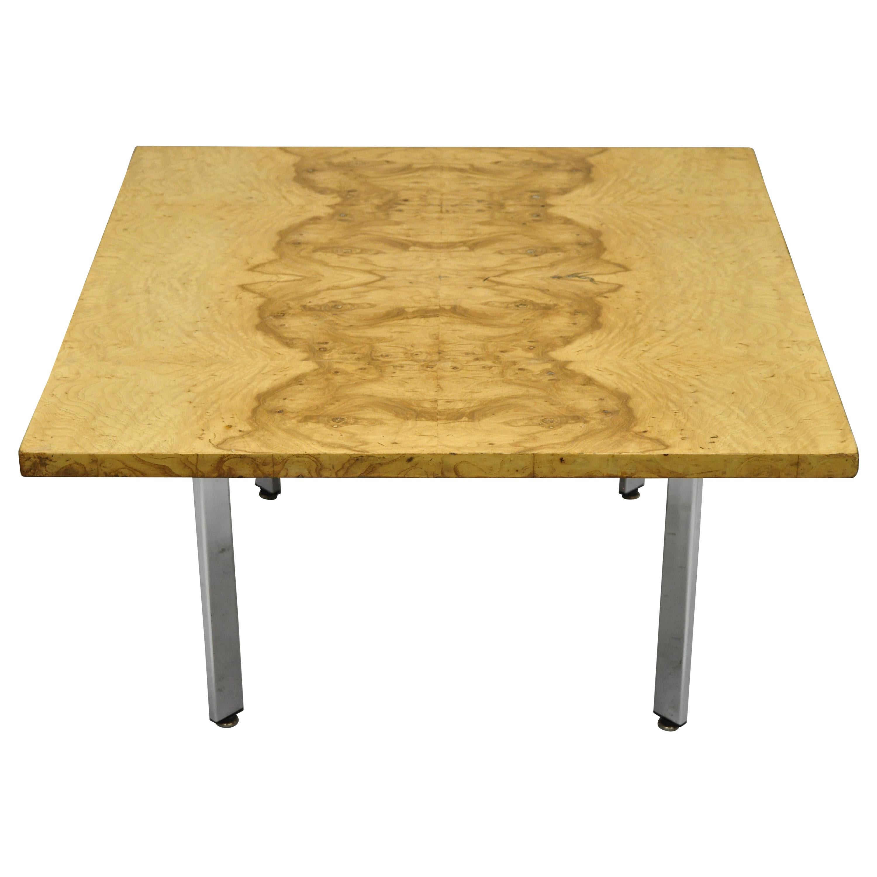 Mid-Century Modern Milo Baughman Burl & Chrome Burl Wood Square Coffee Table