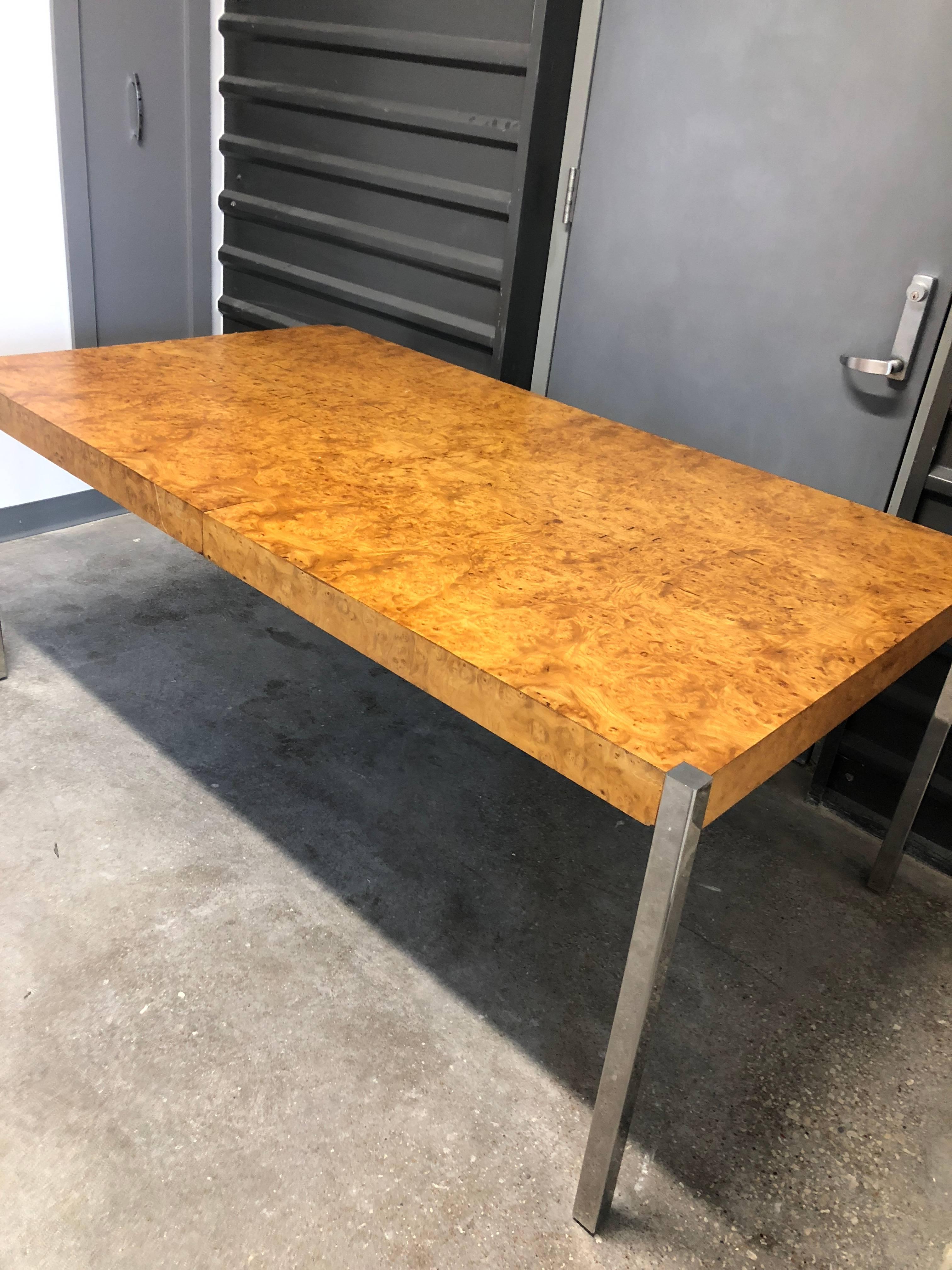 Milo Baughman Style Burl Wood and Chrome Dining Table or Writing Table For Sale 2