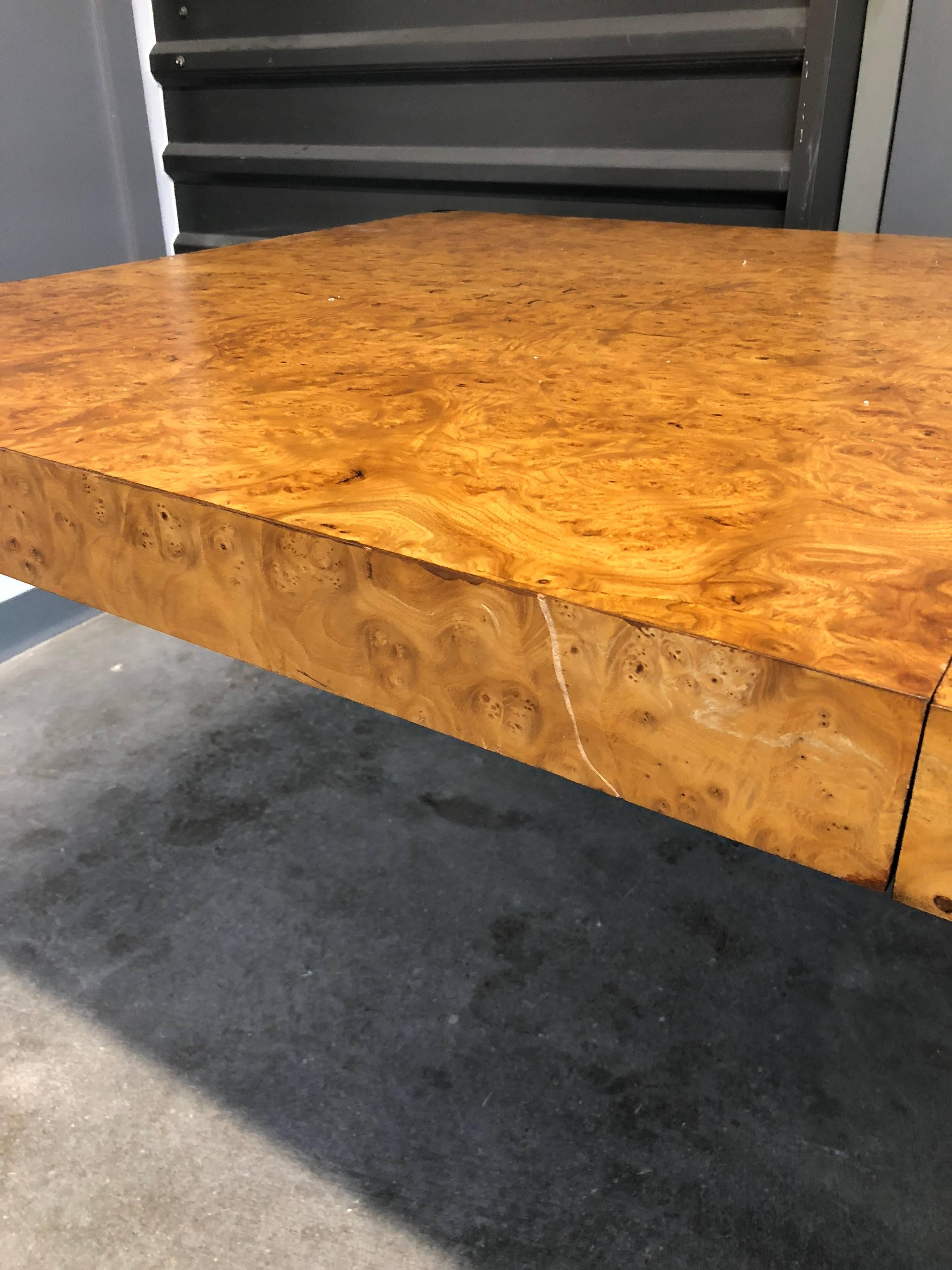 Milo Baughman Style Burl Wood and Chrome Dining Table or Writing Table In Good Condition For Sale In Houston, TX