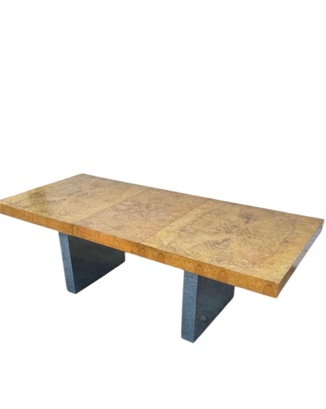 American Mid-Century Modern Milo Baughman Burl Wood Chrome Expandable Dining Table, 1970s