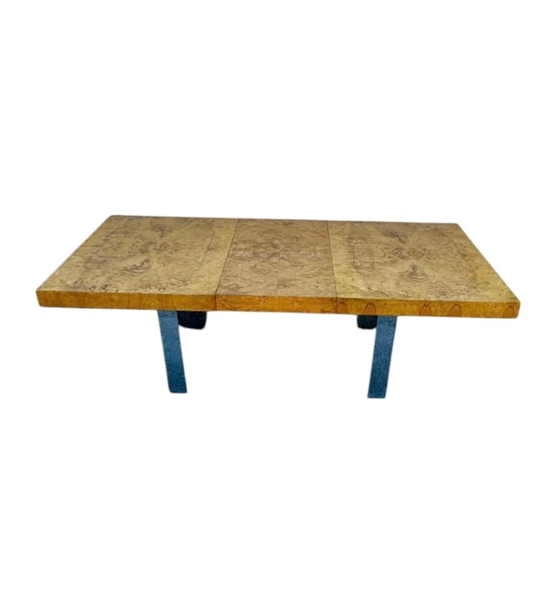 Mid-Century Modern Milo Baughman Burl Wood Chrome Expandable Dining Table, 1970s In Good Condition In Stafford, TX