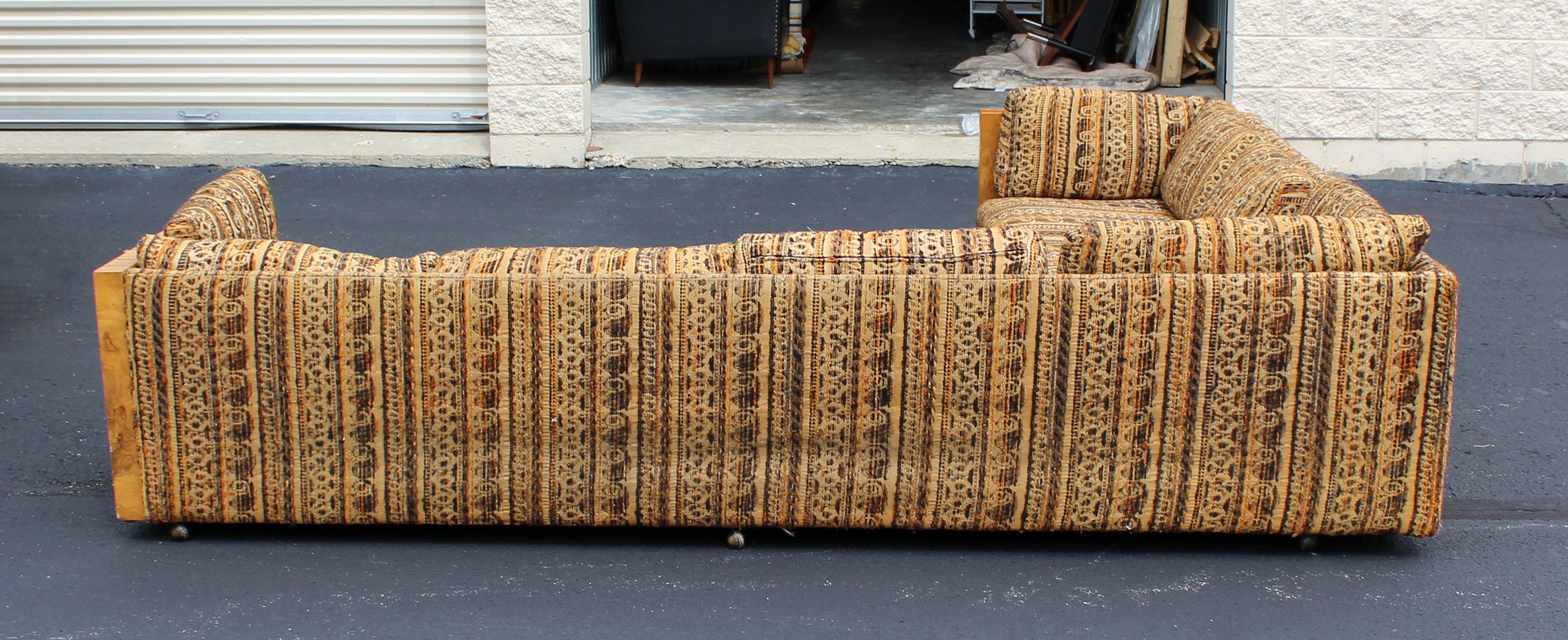 American Mid-Century Modern Milo Baughman Burl Wood Sided Two-Piece Long Sectional Sofa