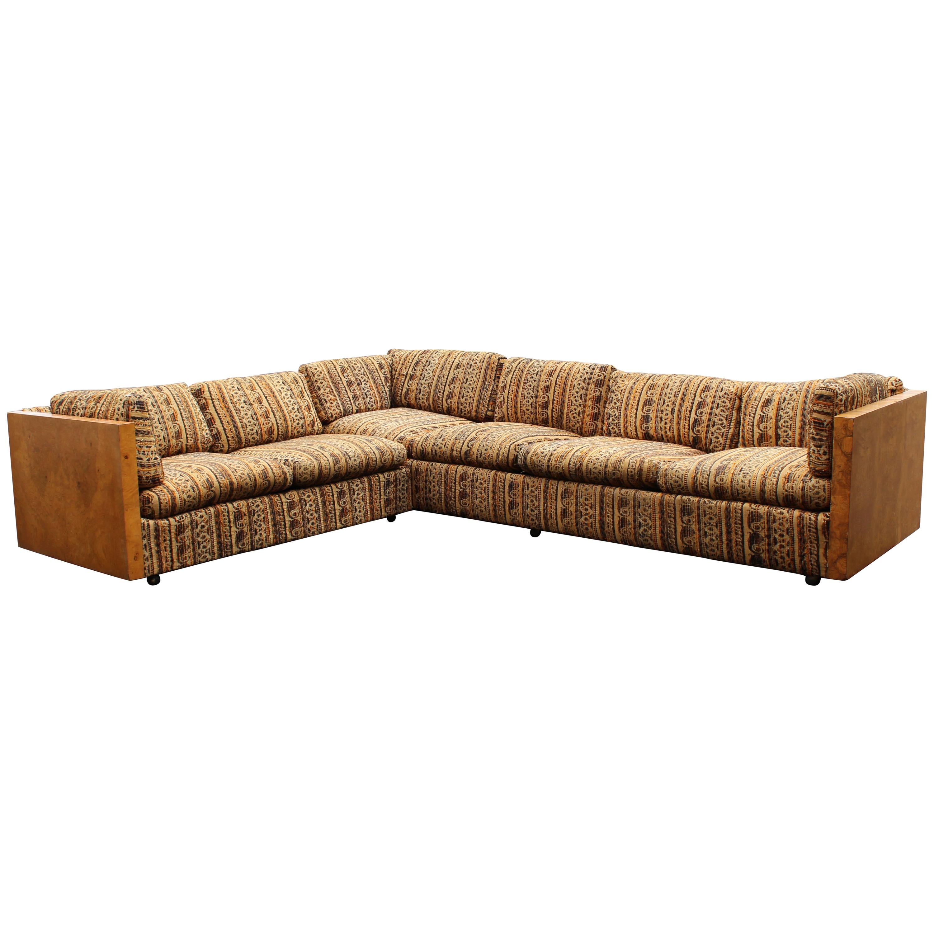 Mid-Century Modern Milo Baughman Burl Wood Sided Two-Piece Long Sectional Sofa