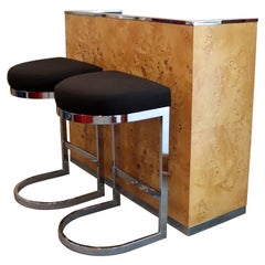 Mid-Century Modern Milo Baughman Burlwood & Chrome Standing Bar & Barstools 70s