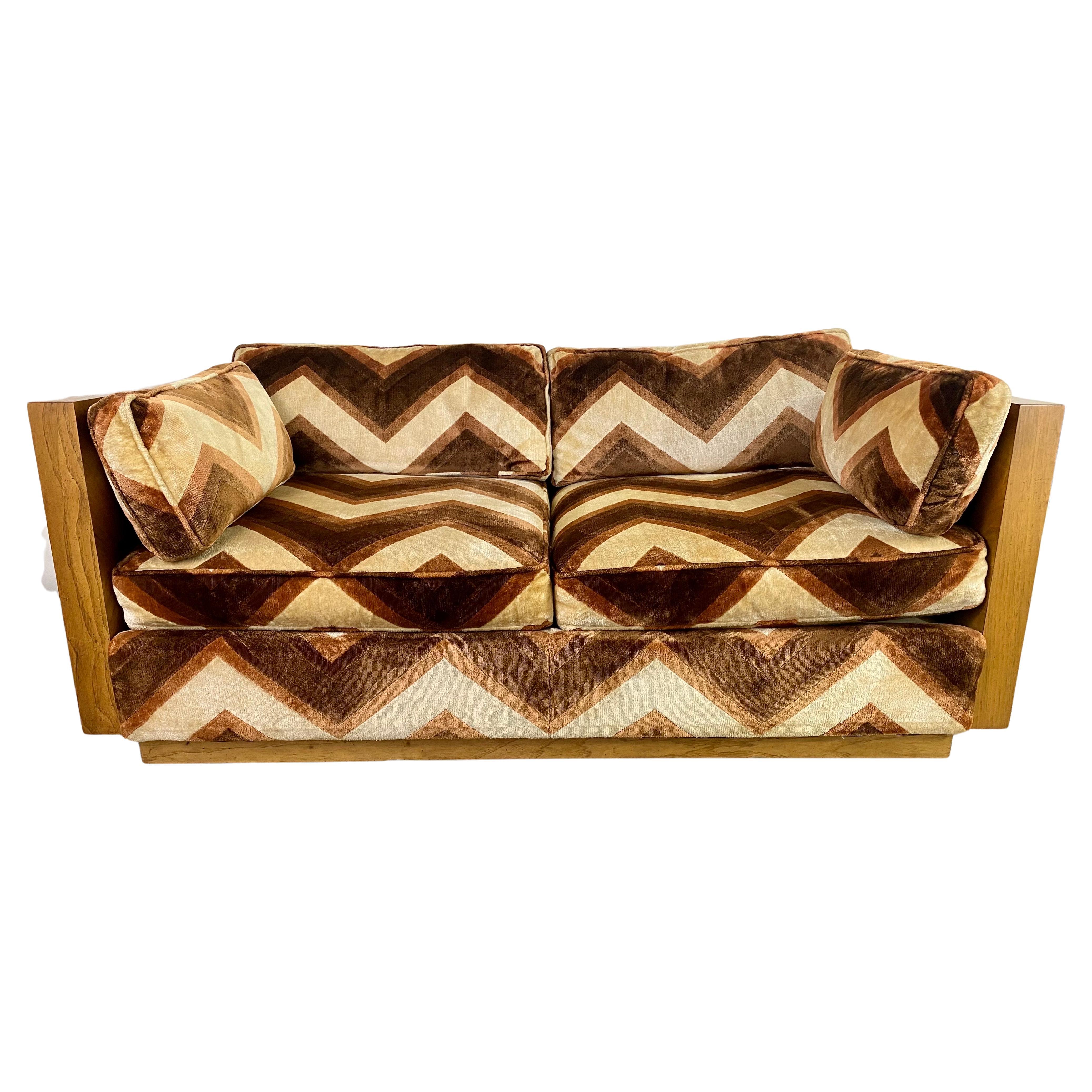 Mid-Century Modern Milo Baughman Burlwood Sofa in Lenor Larsen Style Upholstery 