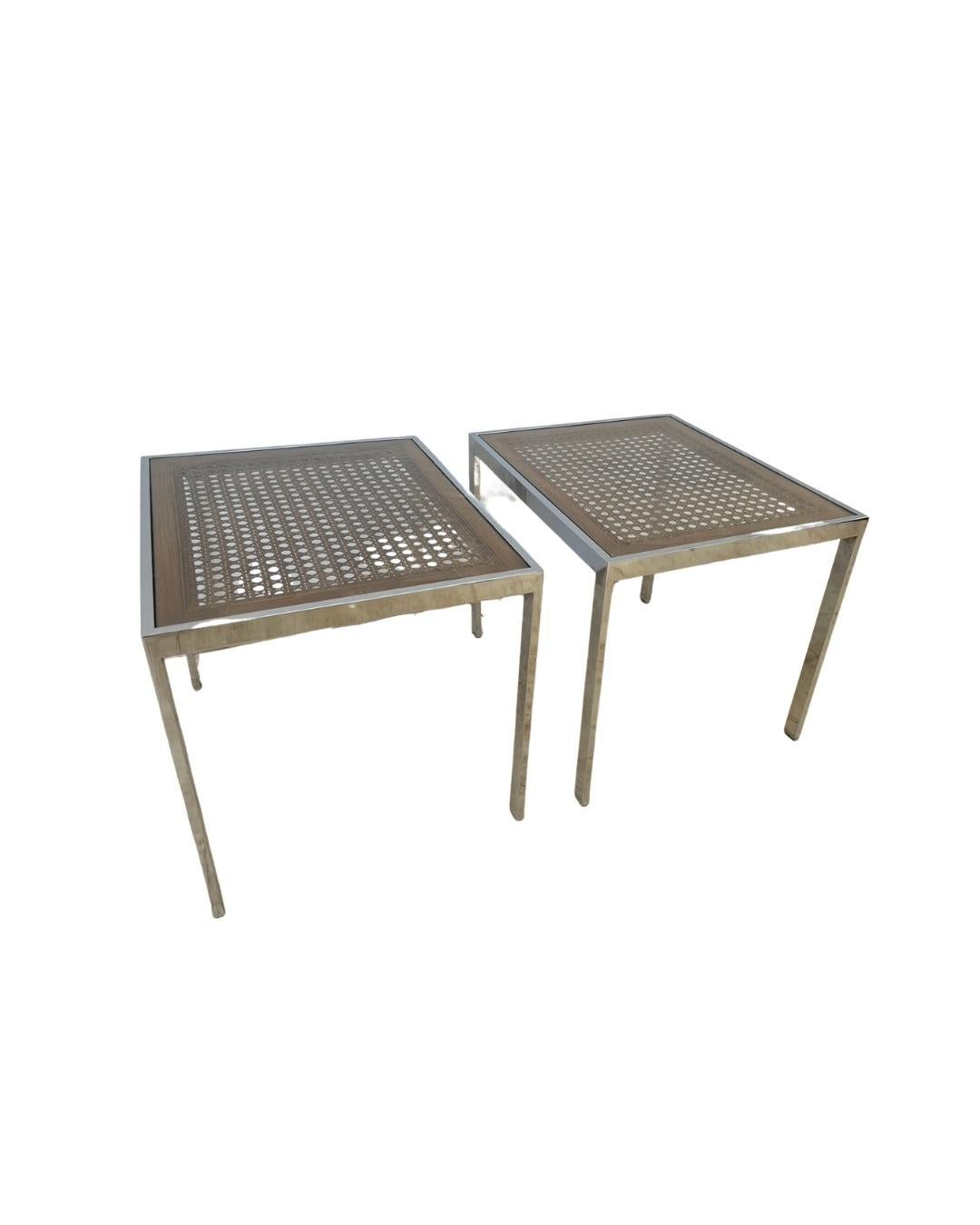 Mid-Century Modern Mid-century Modern Milo Baughman Chrome and Cane Side Tables, a Pair