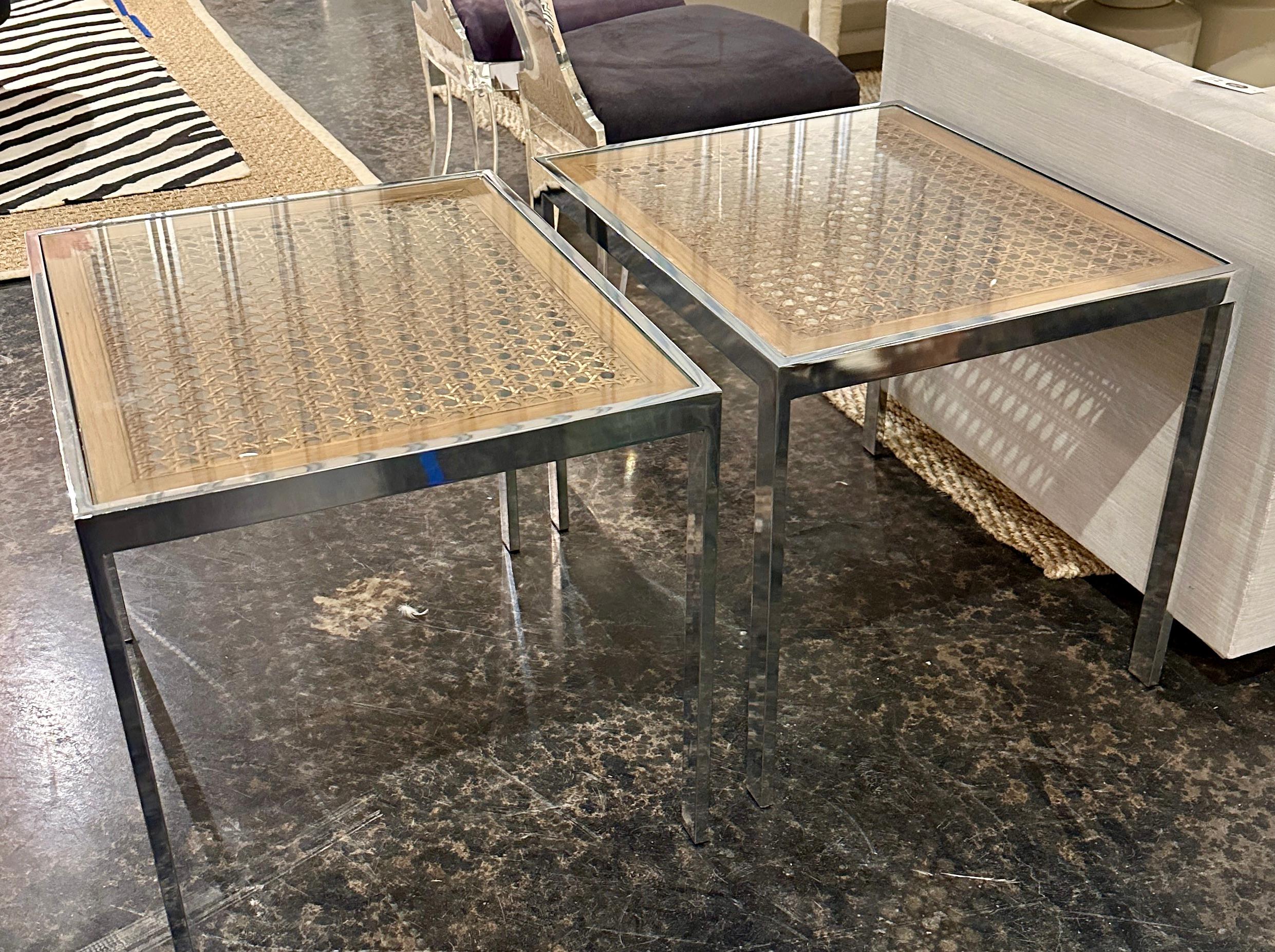 American Mid-century Modern Milo Baughman Chrome and Cane Side Tables, a Pair