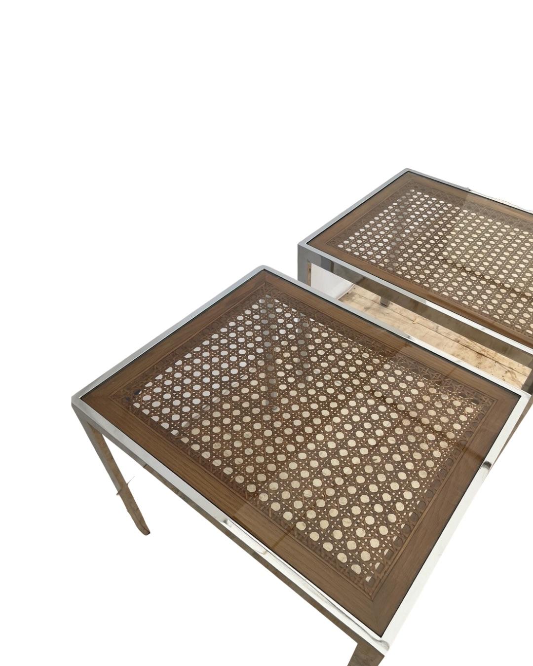 20th Century Mid-century Modern Milo Baughman Chrome and Cane Side Tables, a Pair