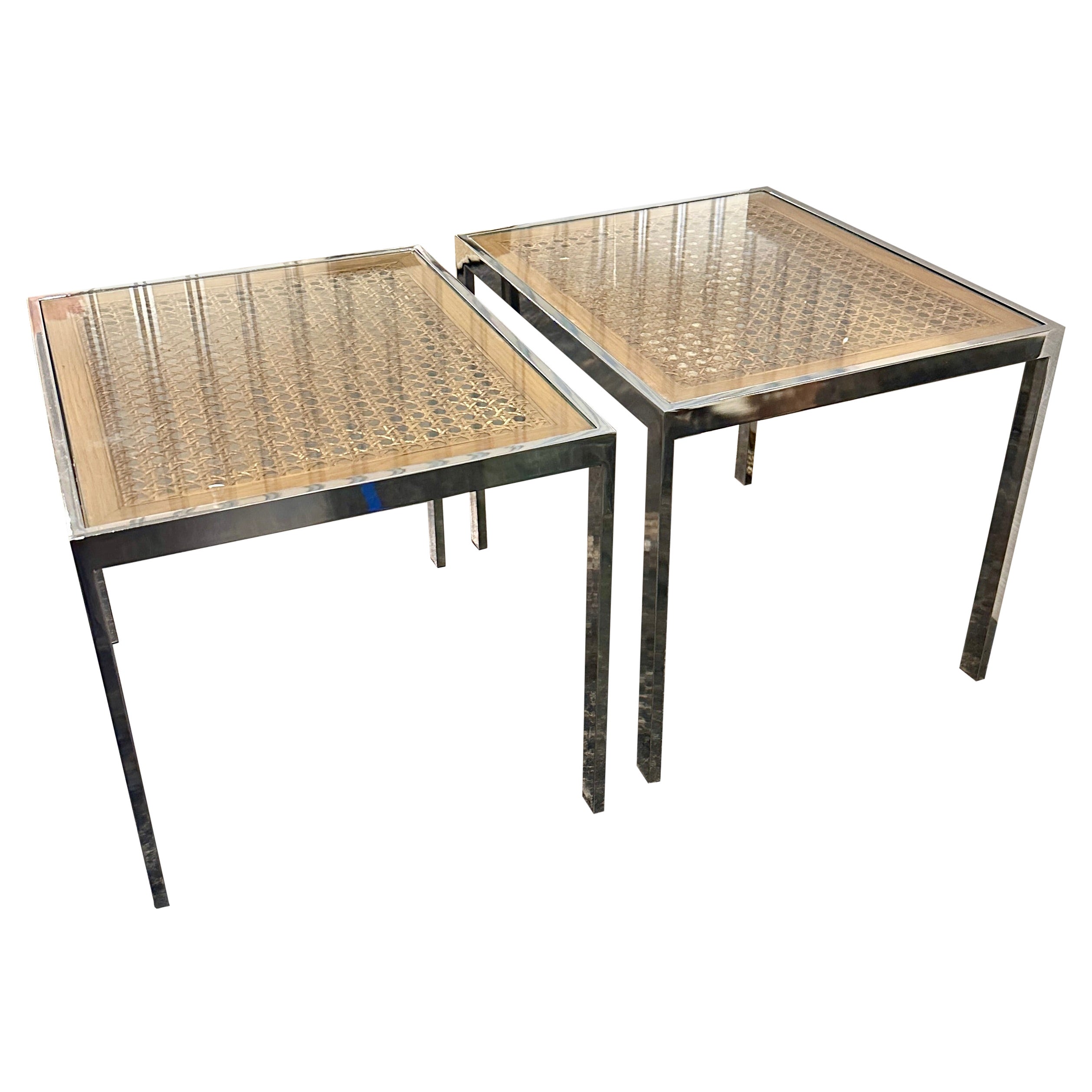 Mid-century Modern Milo Baughman Chrome and Cane Side Tables, a Pair