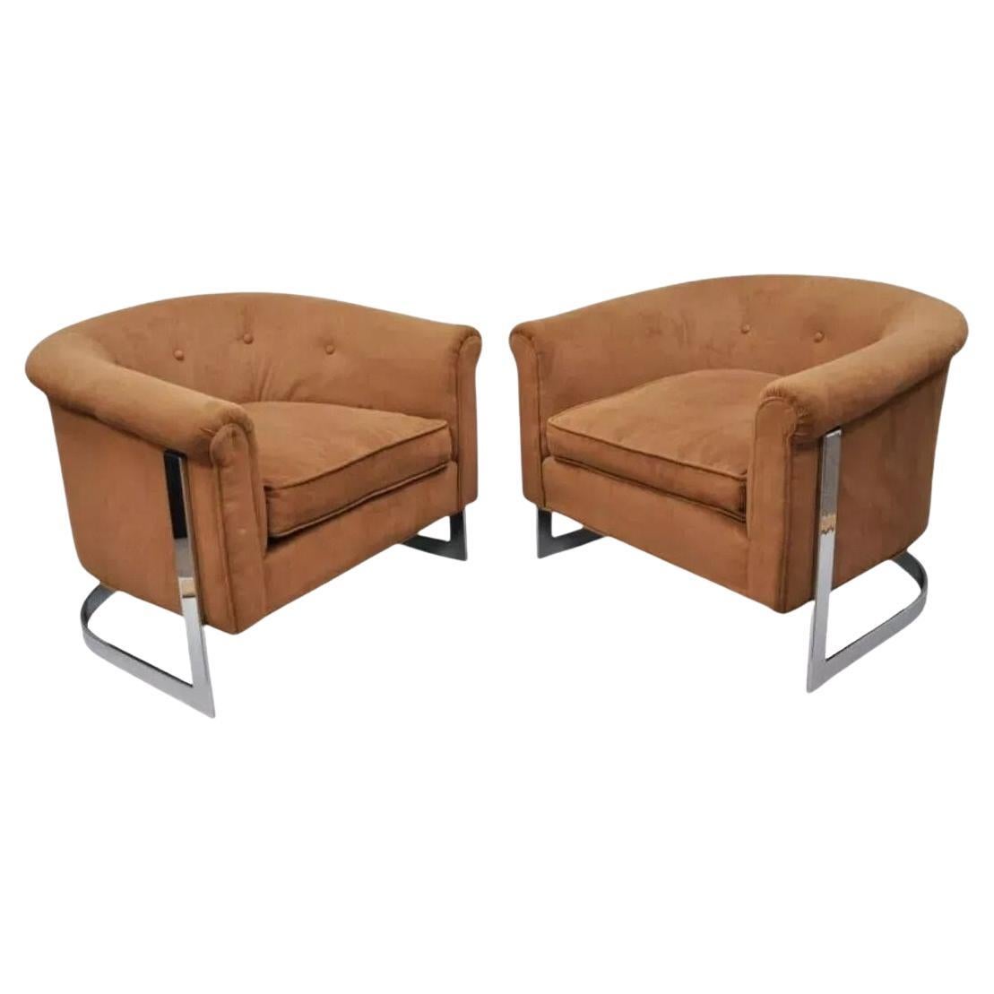 Mid Century Modern Milo Baughman Chrome Barrel Back Club Lounge Chairs - a Pair
