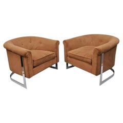 Mid Century Modern Milo Baughman Chrome Barrel Back Club Lounge Chairs - a Pair