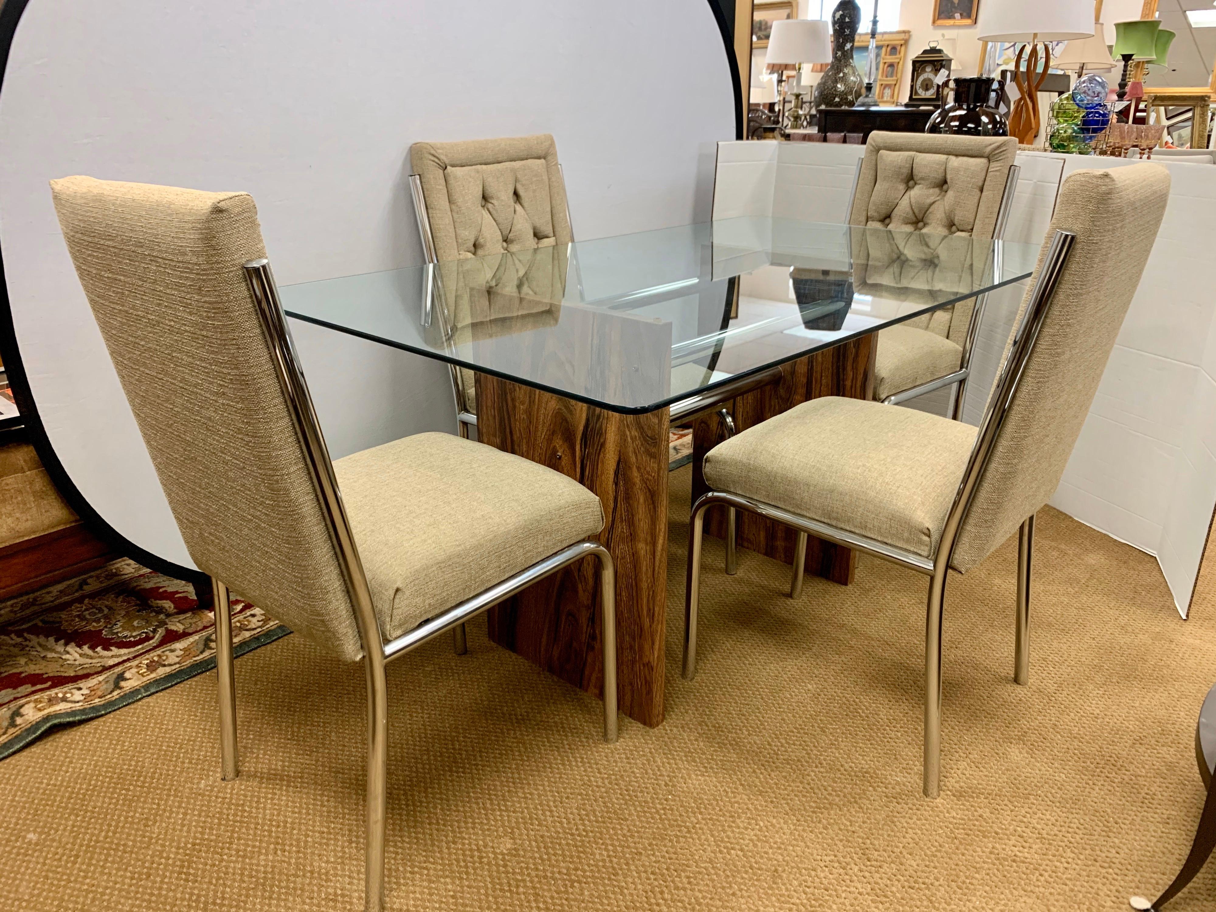 American Mid-Century Modern Milo Baughman Style Dining Room Set Table and Four Chairs