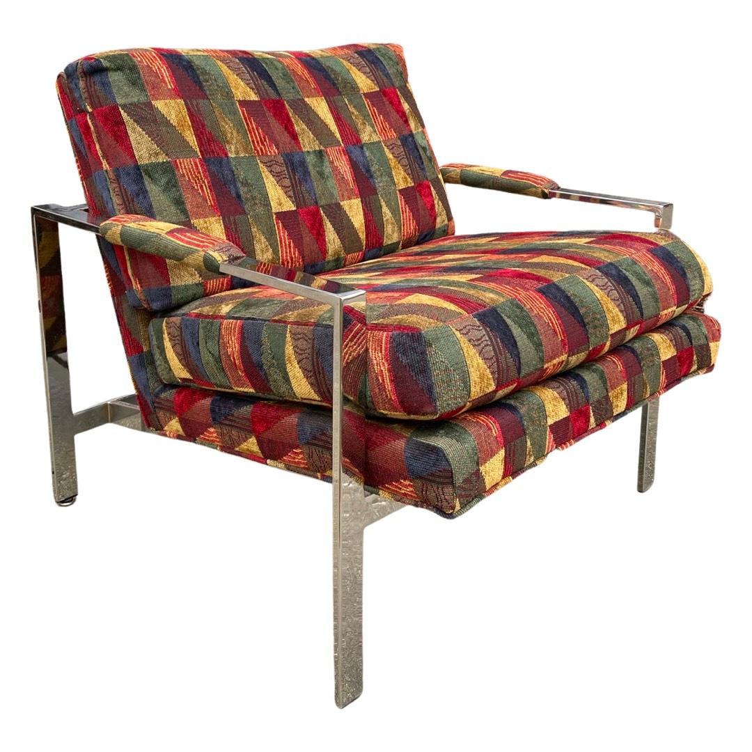 What a find! Set of 2 Mid-Century Modern Milo Baughman for Thayer Coggin Chrome Flat Bar Lounge Chairs. Beautiful upholstery, original from when they were received. Perfect condition upholstery, foam is as if it has been used. One of a kind.