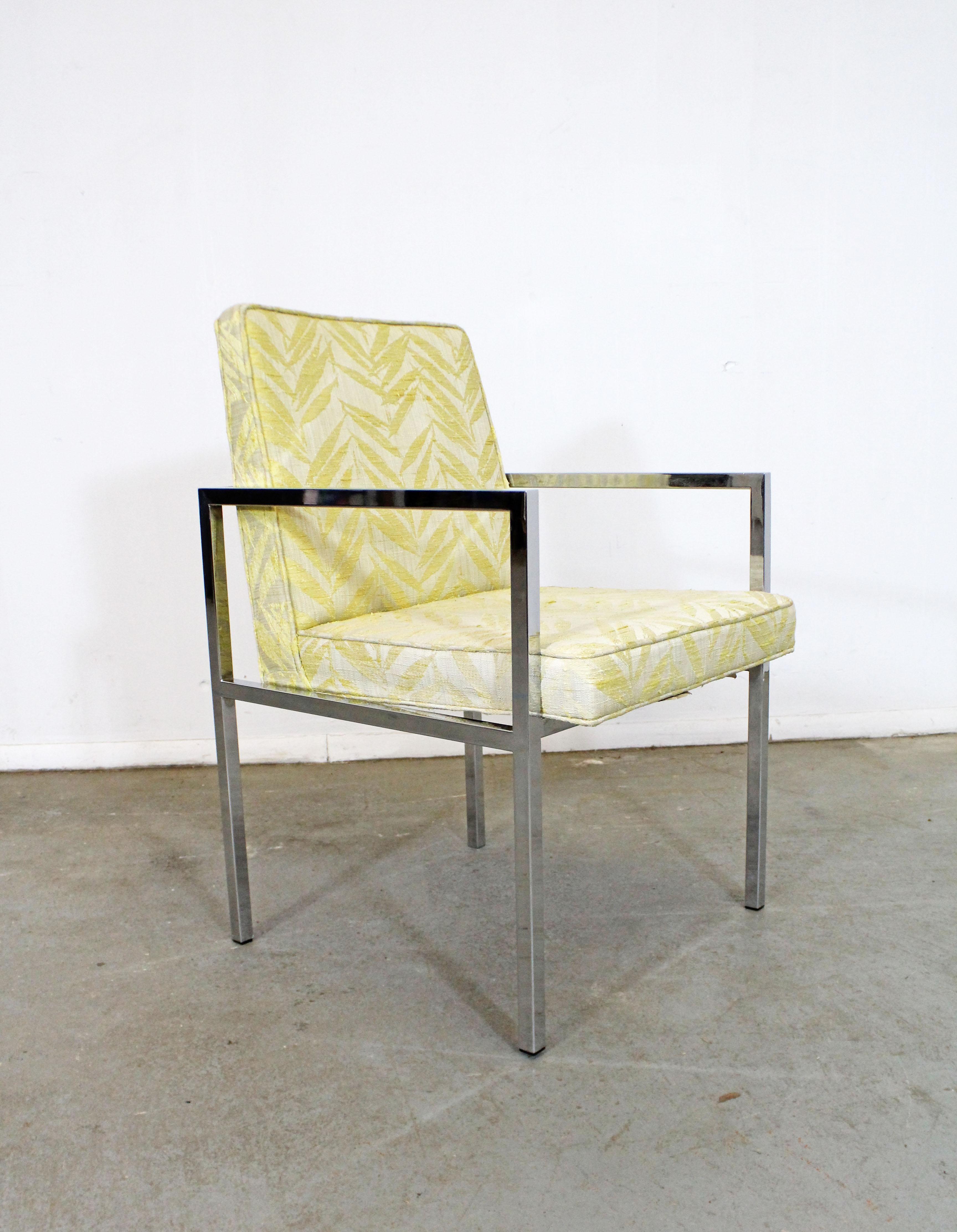 What a find. Offered is a vintage Mid-Century Modern chrome armchair attributed to Milo Baughman by Founders. Features a square tube chrome frame. It's in good condition, shows some age wear on fabric and chrome, and is missing one foot cup. Still a