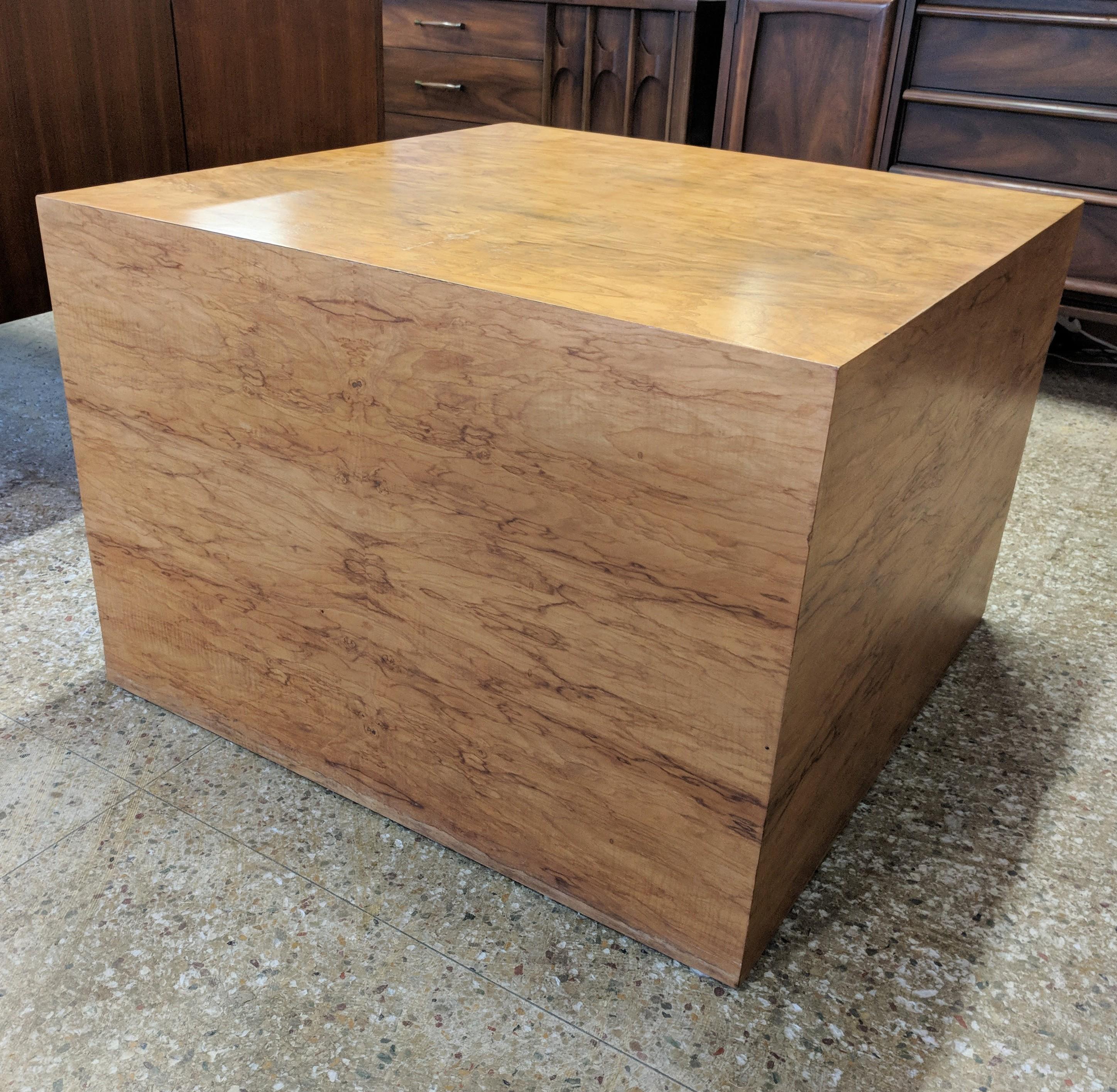 Mid Century Modern Milo Baughman Inspired Burlwood Cube Table For Sale 1