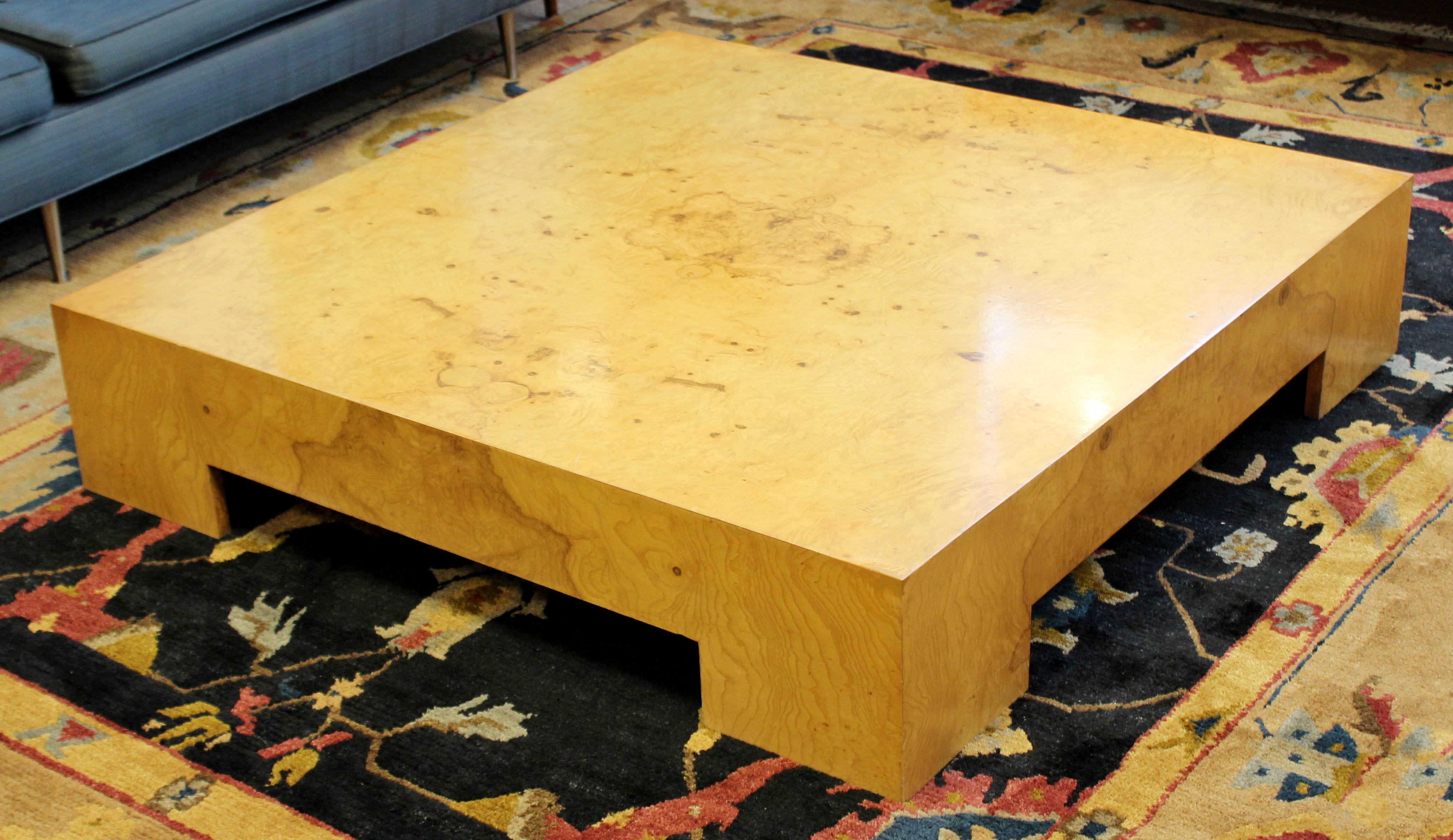 American Mid-Century Modern Milo Baughman Large Low Square Burl Wood Coffee Table 1970s