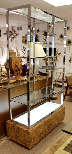 Mid-Century Modern Milo Baughman Light Up Chrome Burl Wood Etagere Glass Shelves